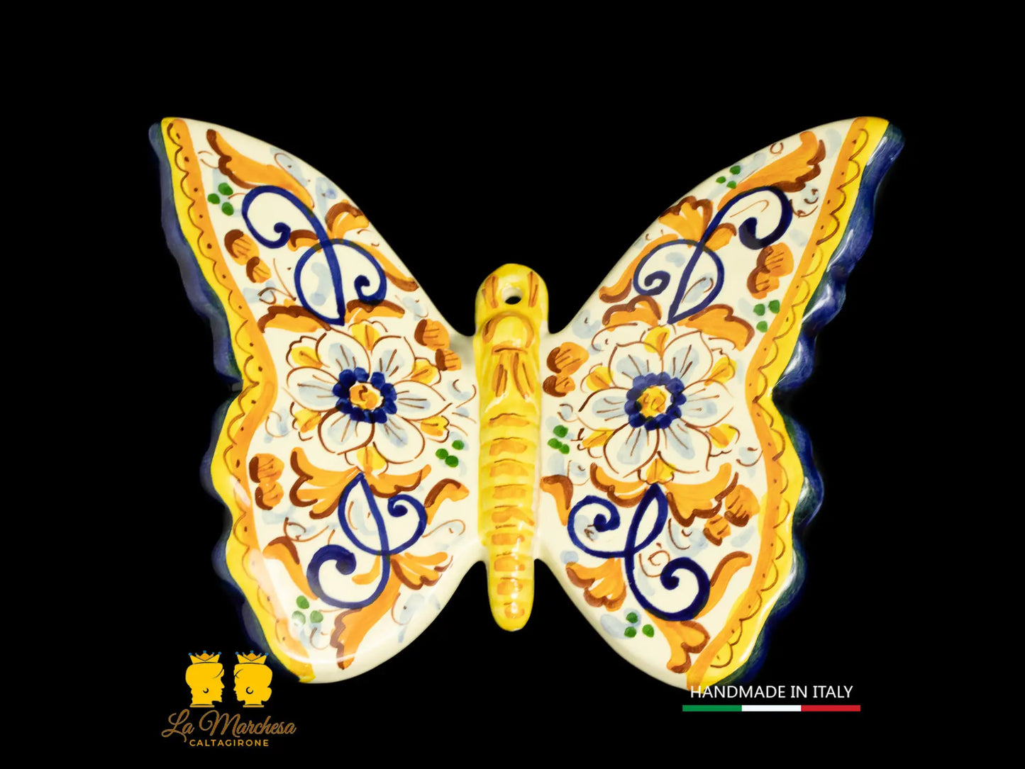 Farfalla Ceramica di Caltagirone decoro ornato blu cobalto oro 24cm