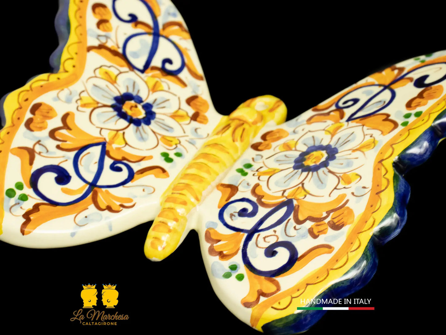 Farfalla Ceramica di Caltagirone decoro ornato blu cobalto oro 24cm