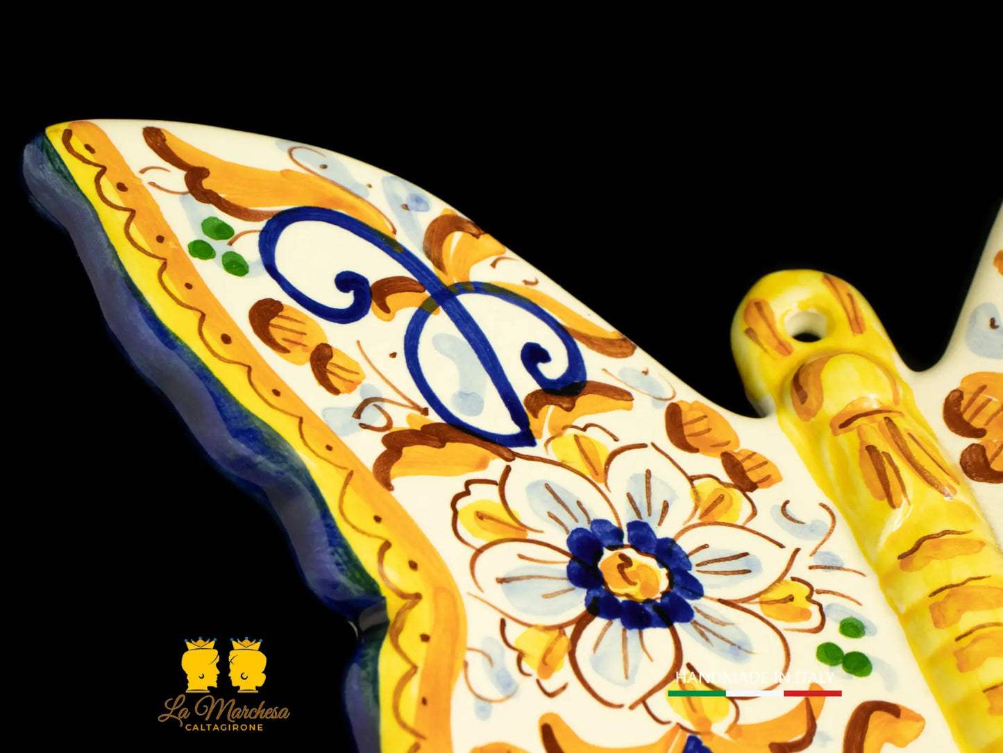 Farfalla Ceramica di Caltagirone decoro ornato fiore blu giallo 24cm