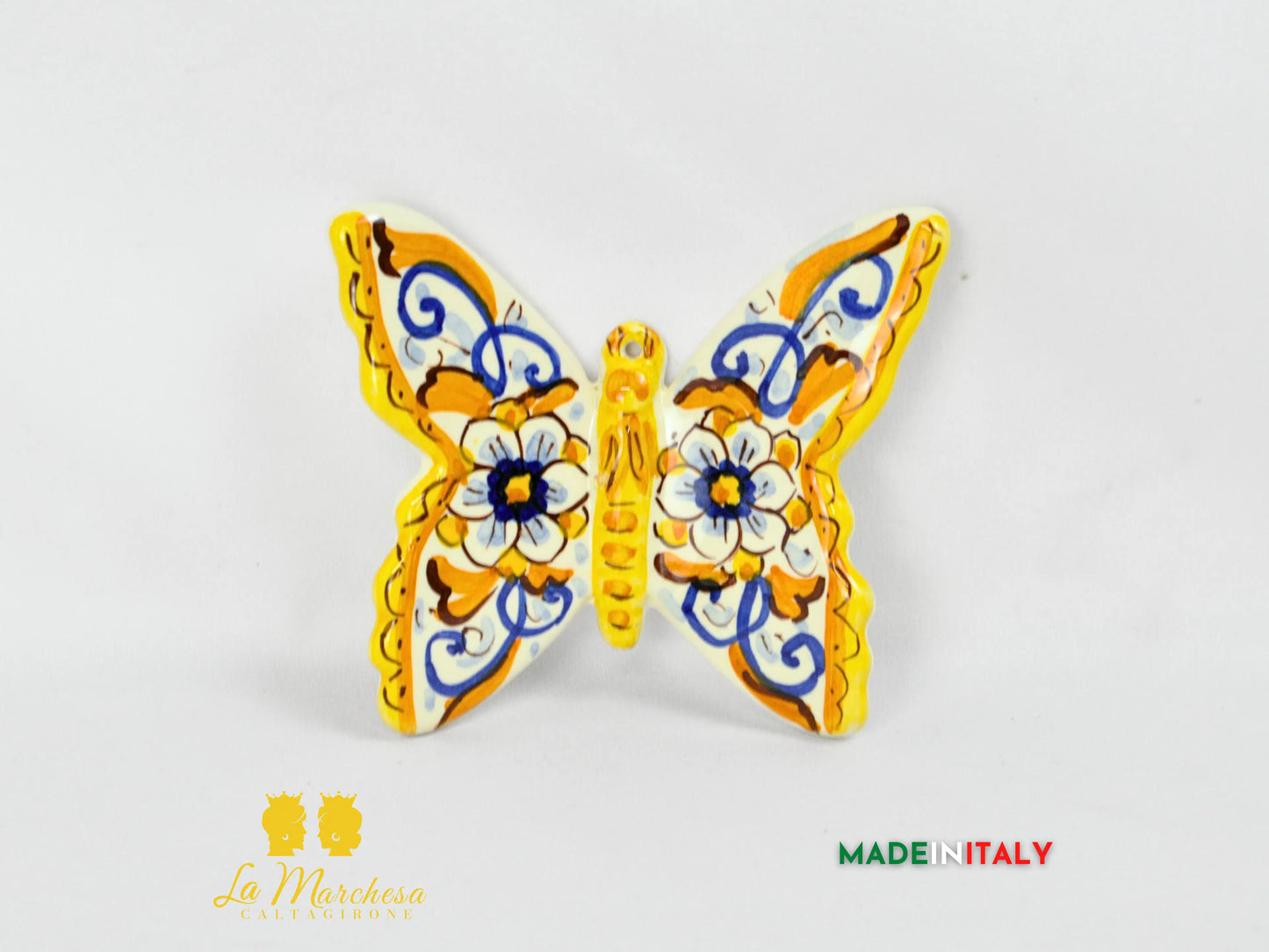 farfalla in ceramica di caltagirone 10 cm - oro e fiori