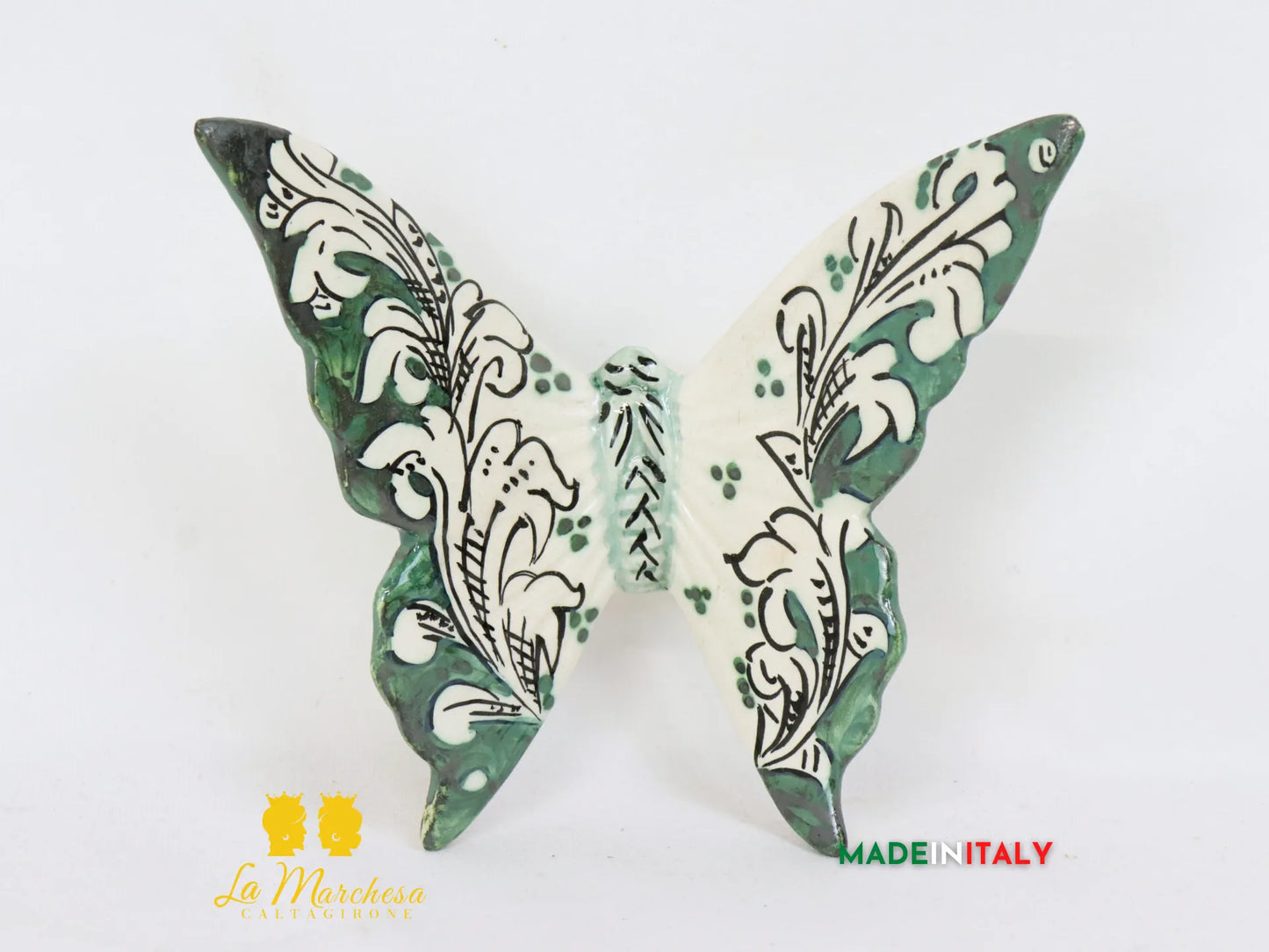 Farfalla in ceramica di Caltagirone ornato bianco verde rame
