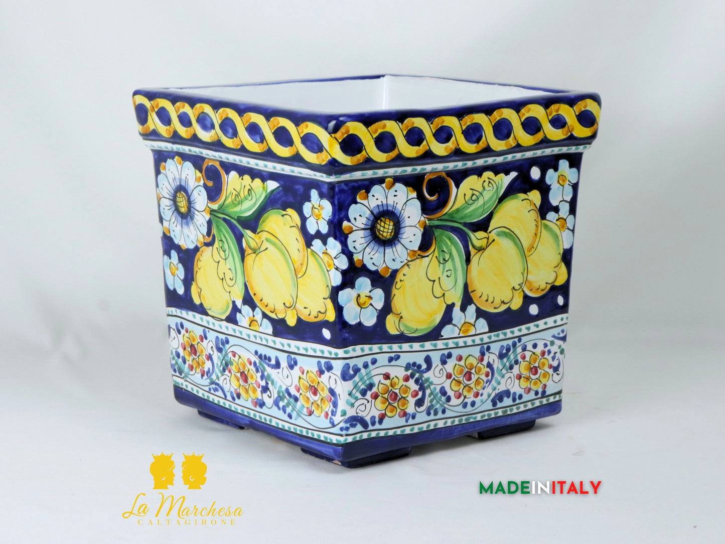 Fioriera da esterno quadrata in Ceramica di Caltagirone blu cobalto limoni - Varie misure