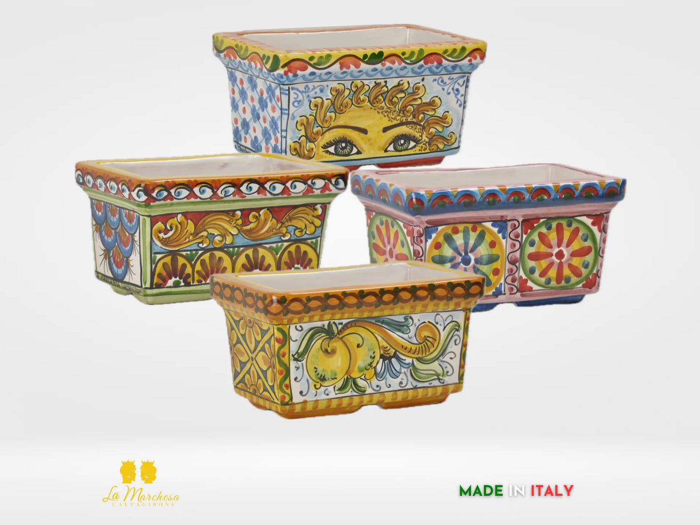 Fioriera da esterno rettangolare ceramica di Caltagirone 23cm decoro carretto siciliano