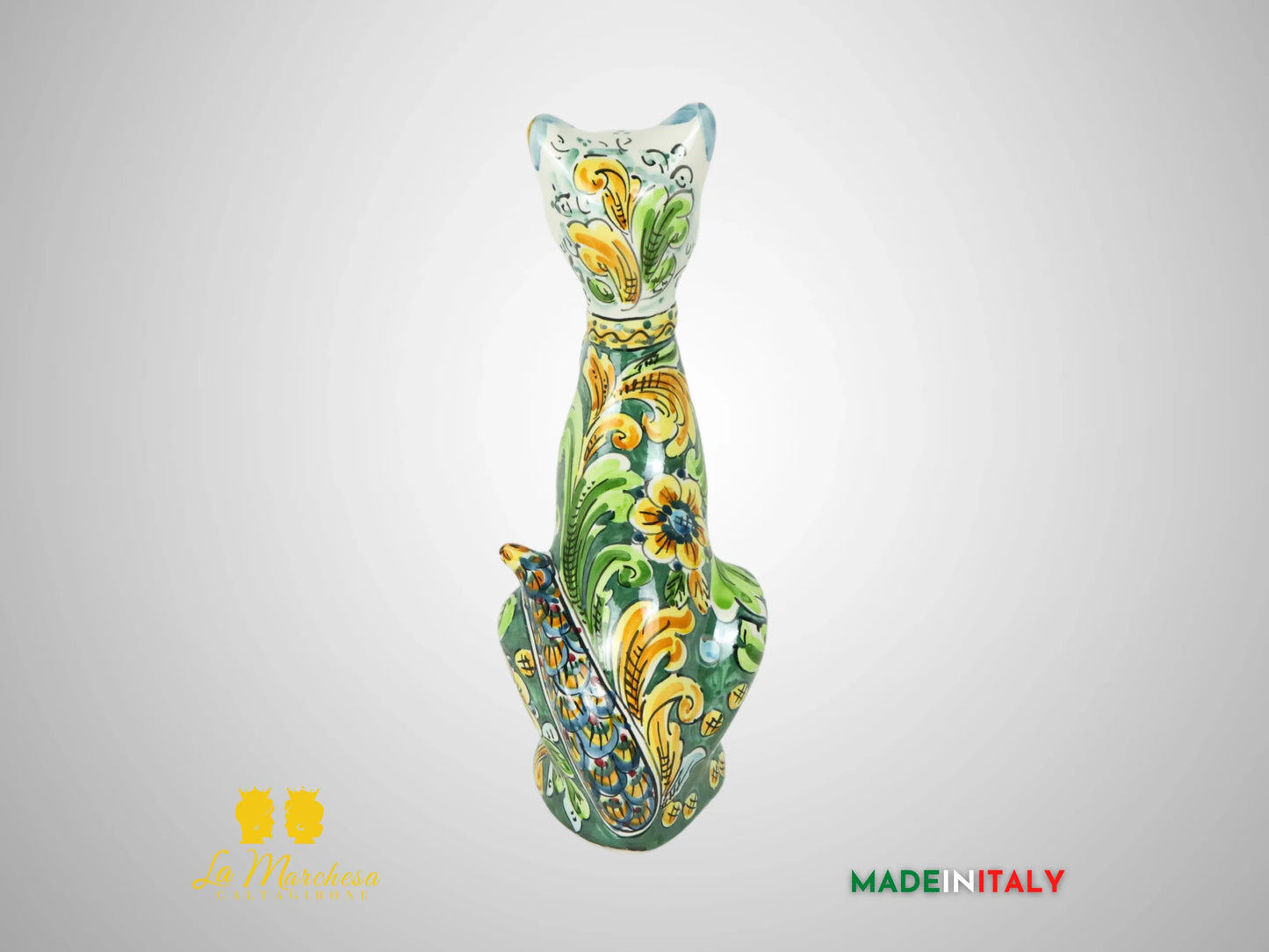 Gatto in Ceramica di Caltagirone ornato barocco 32cm - Verde Rame (3)