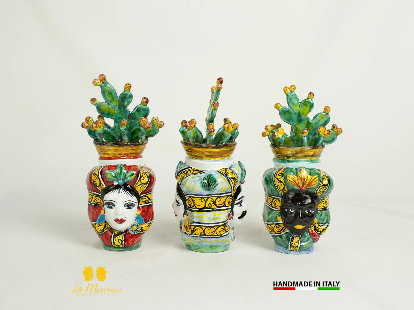 Giano doppia faccia Testa di Moro Ceramica di Caltagirone cesto fichi d'India 21cm