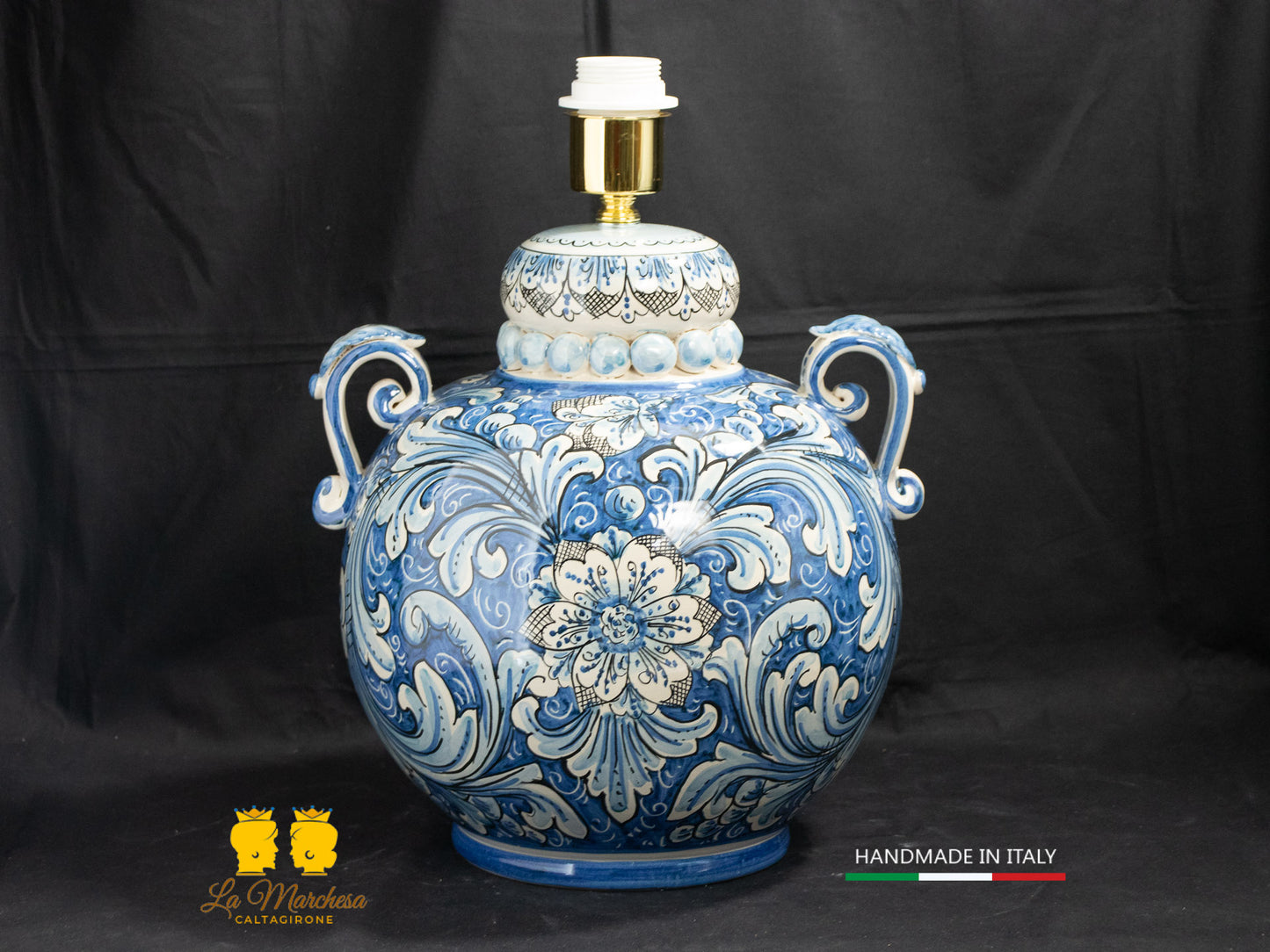 Lampada Ceramica di Caltagirone Ornato bianco blu antico manici h58
