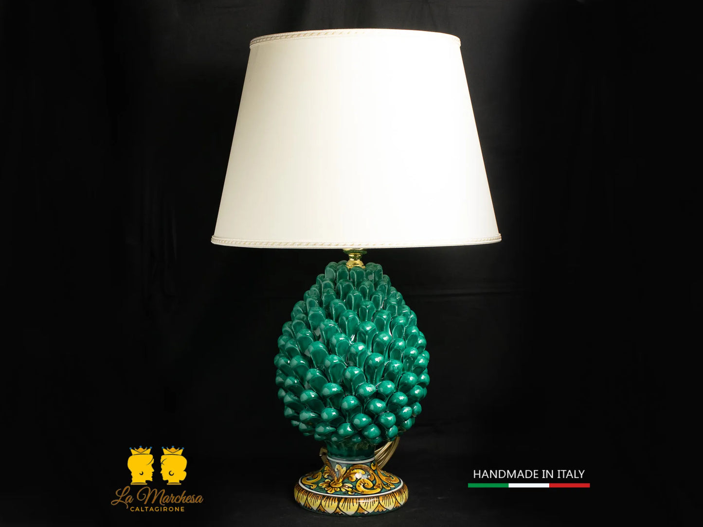 Lampada Pigna Siciliana Ceramica di Caltagirone base decorata verde rame 25cm