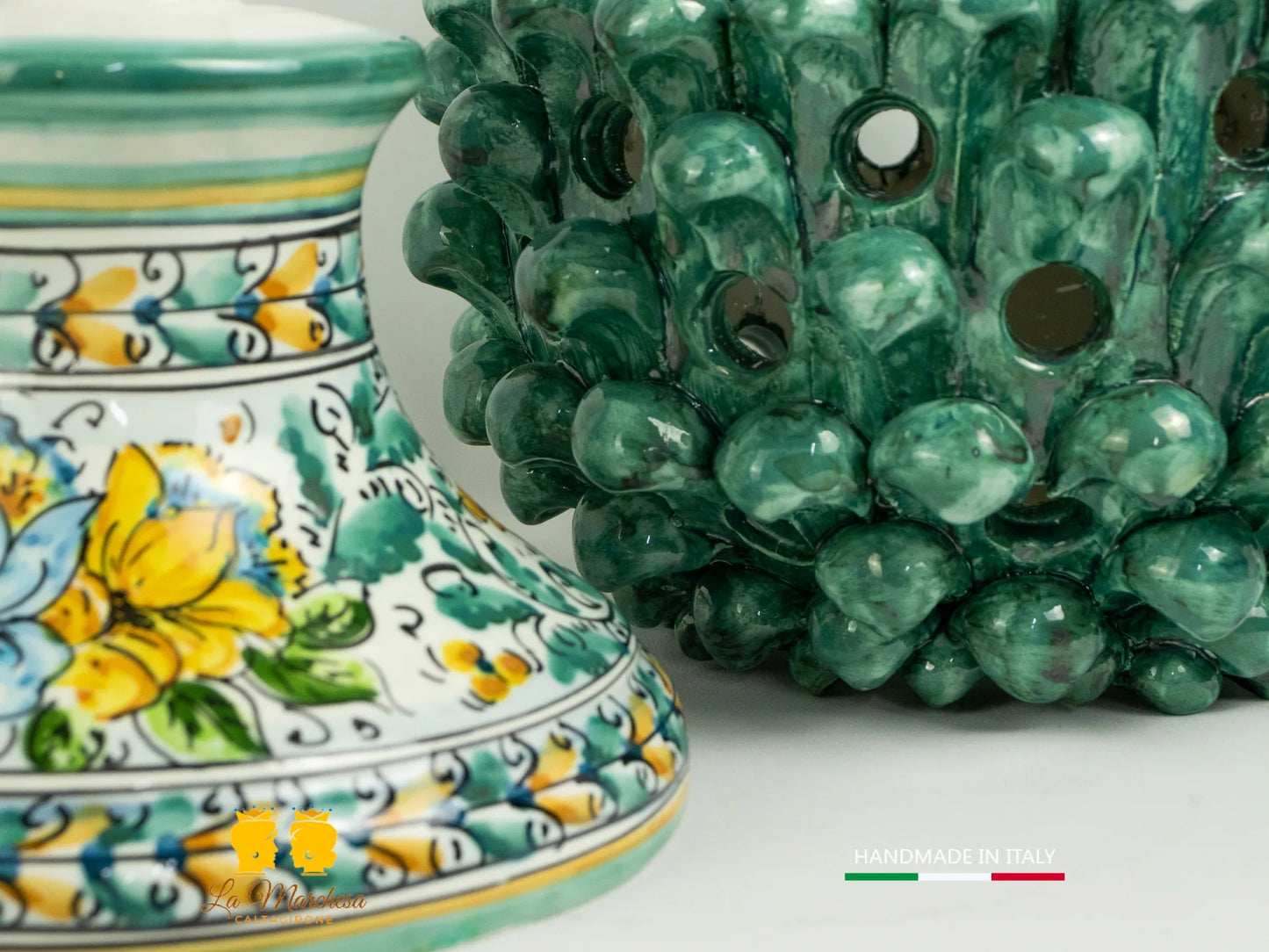 Lampada Pigna traforata Ceramica di Caltagirone verde rame base 600 43cm