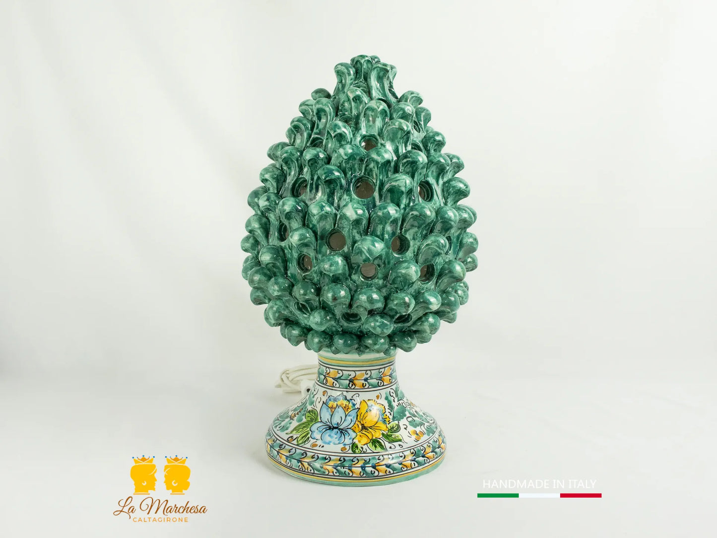 Lampada Pigna traforata Ceramica di Caltagirone verde rame base 600 43cm