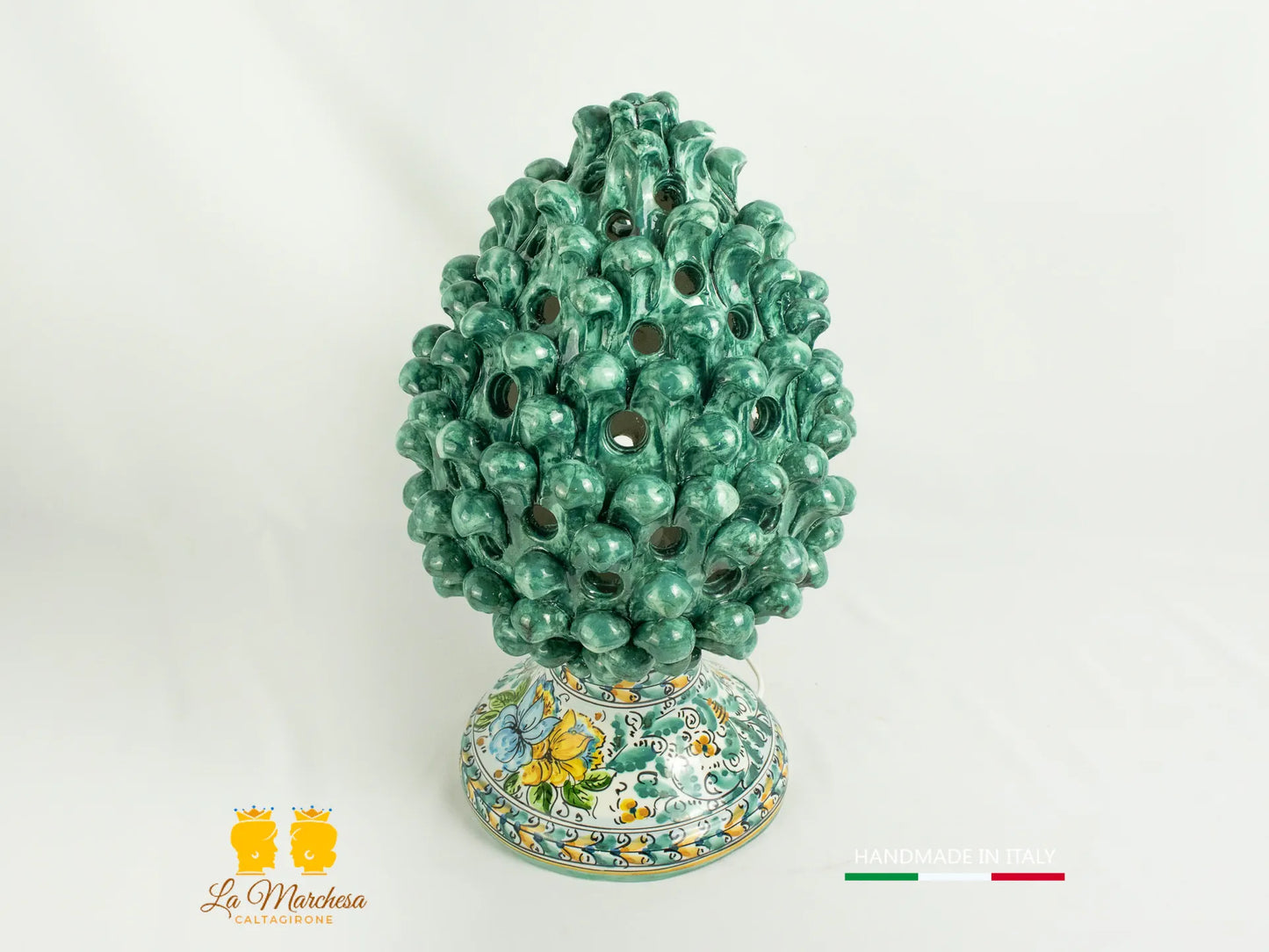 Lampada Pigna traforata Ceramica di Caltagirone verde rame base 600 43cm