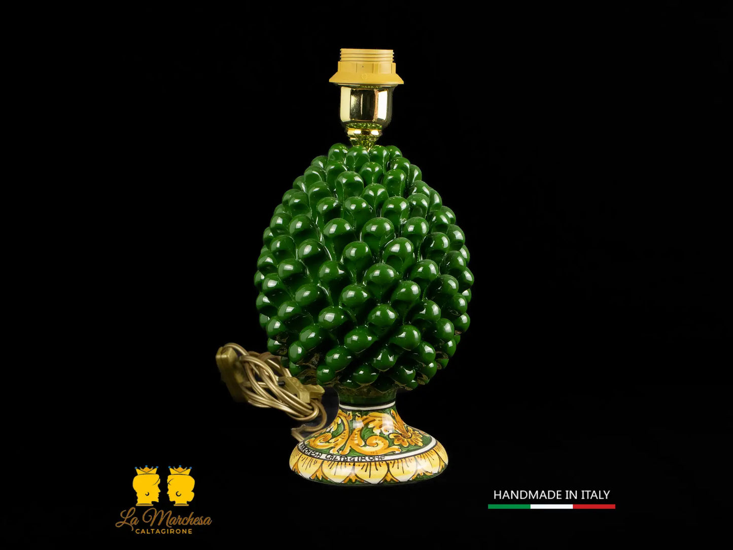 Lampada Pigna Siciliana Ceramica di Caltagirone base decorata verde bosco 25cm