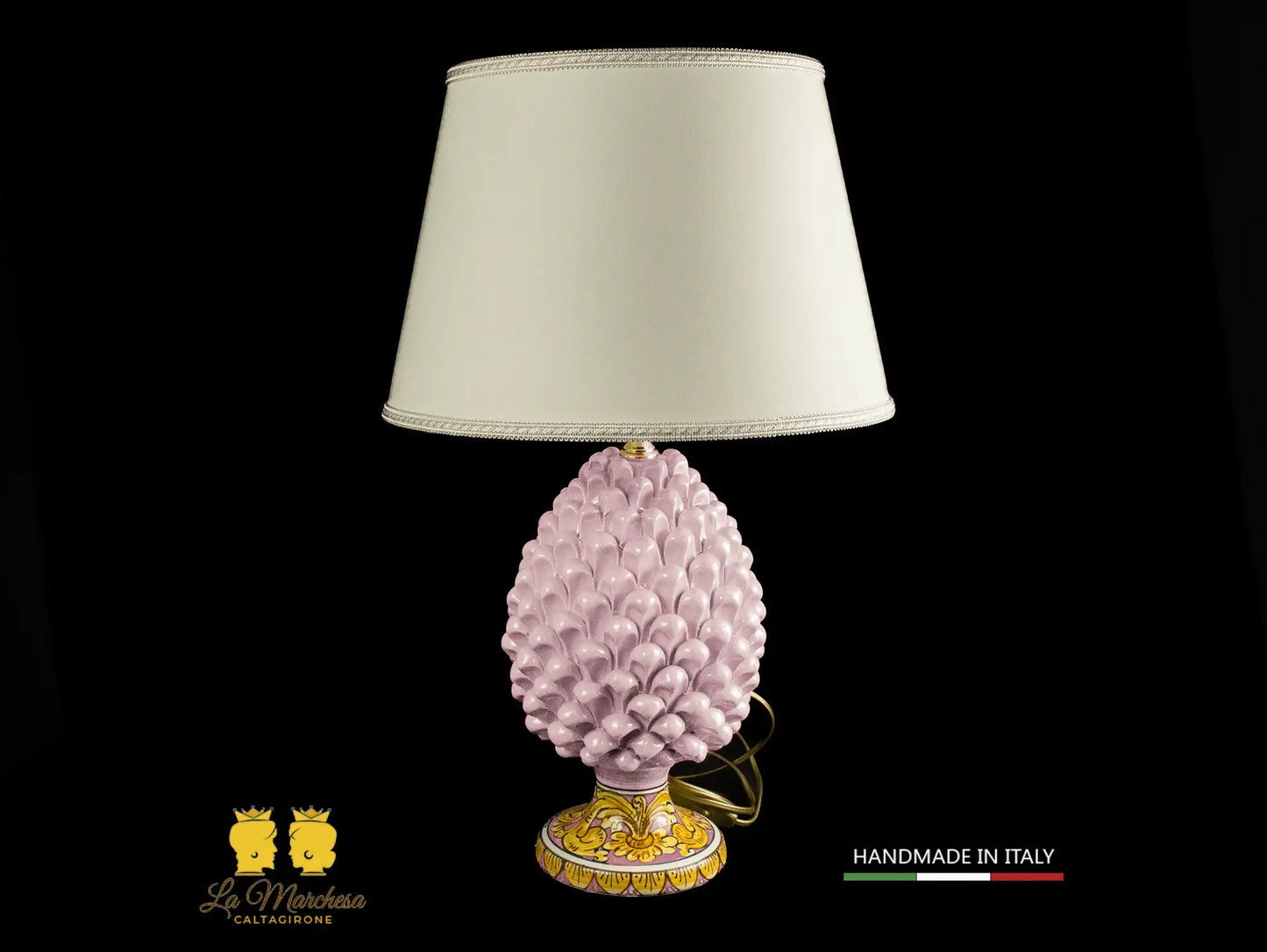 Lampada Pigna Siciliana Ceramica di Caltagirone base decorata rosa 25cm