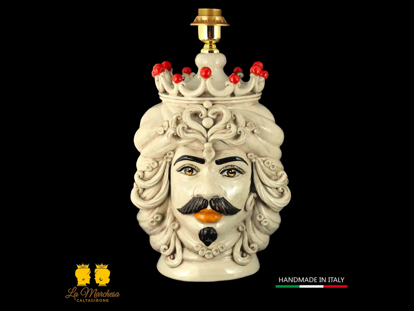 Raffinata Coppia Lampada Teste di Moro fumè dettagli rosso 38cm