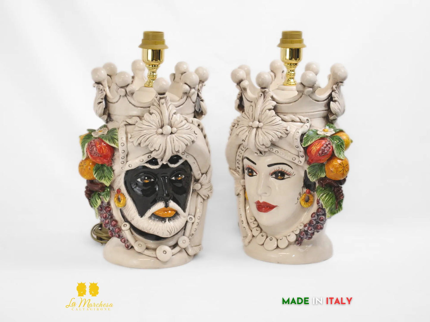 Lampada Teste di Moro ceramica Caltagirone lume fumè frutta h36