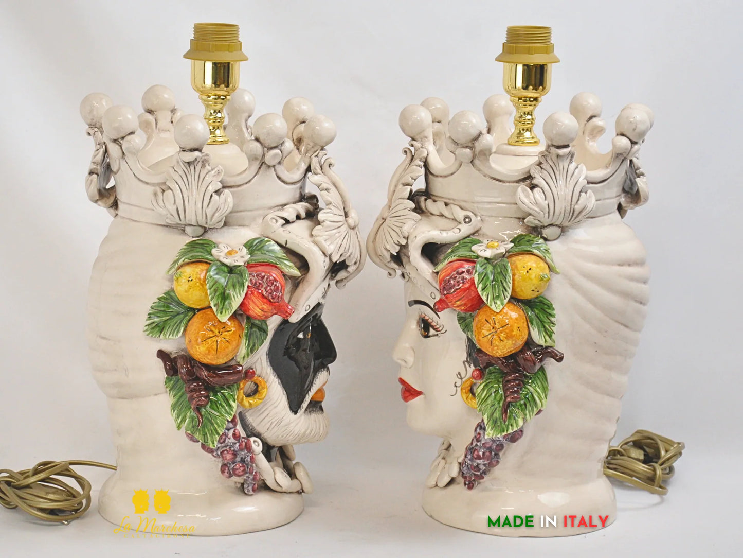 Lampada Teste di Moro ceramica Caltagirone lume fumè frutta h36