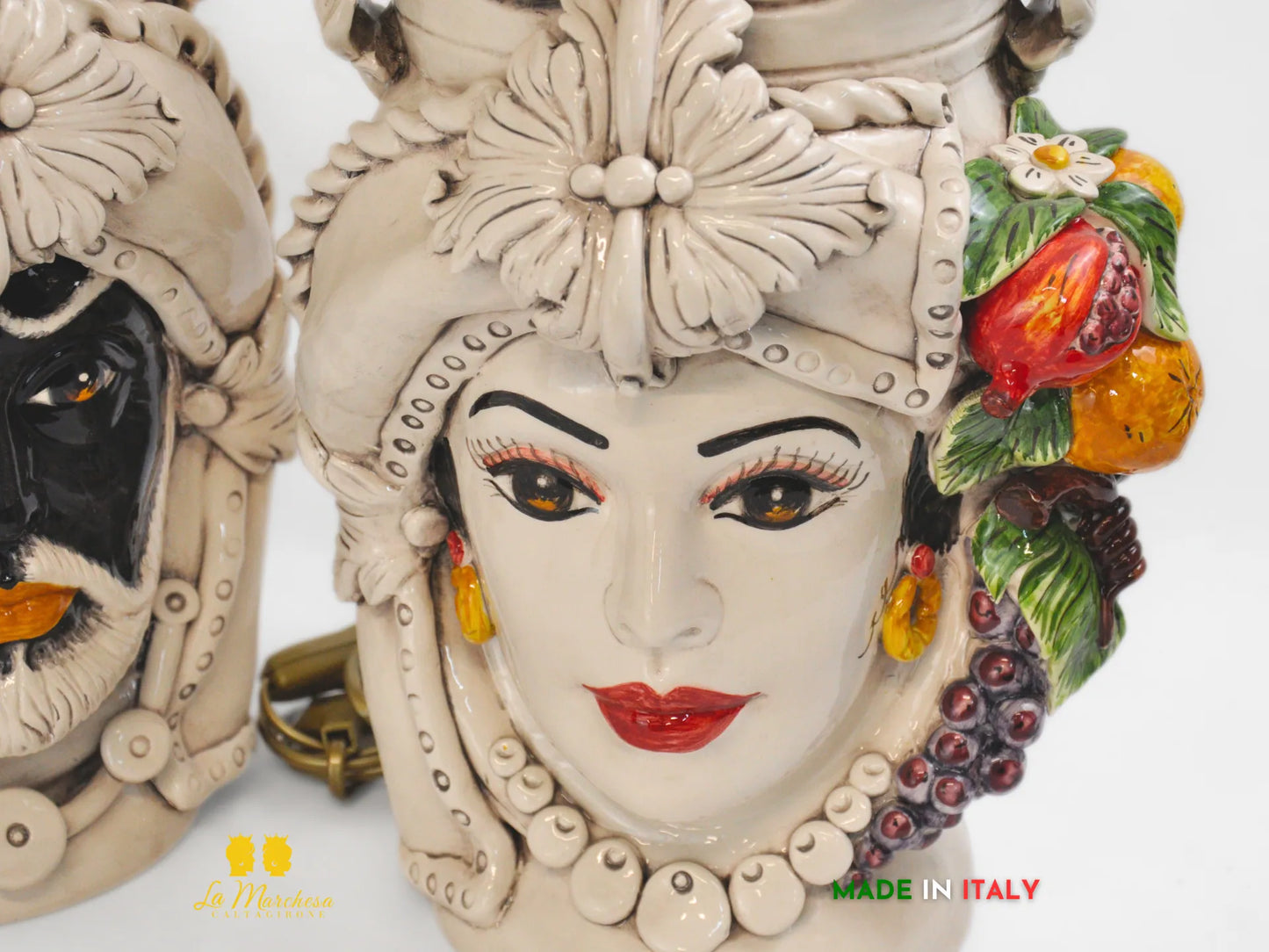 Lampada Teste di Moro ceramica Caltagirone lume fumè frutta h36