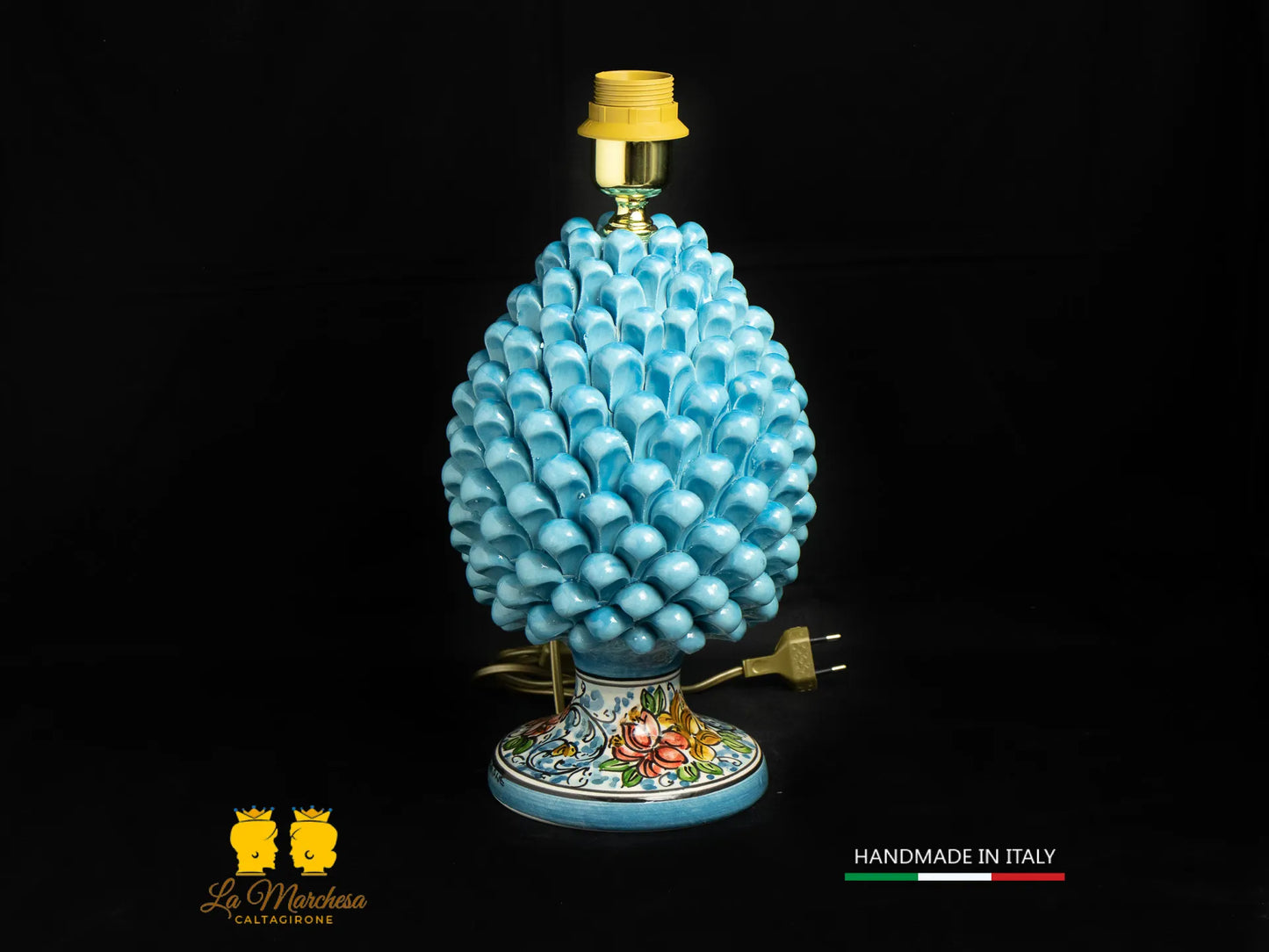 Lampada Pigna Siciliana Ceramica di Caltagirone base decorata celeste 25cm