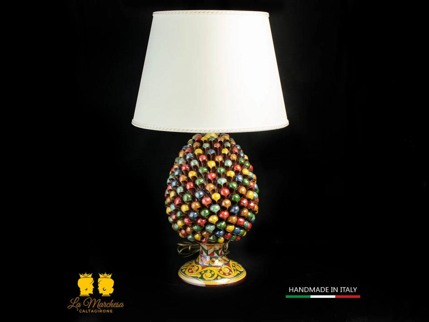 Lampada a pigna siciliana in Ceramica di Caltagirone classico arlecchino multicolore base carretto h33
