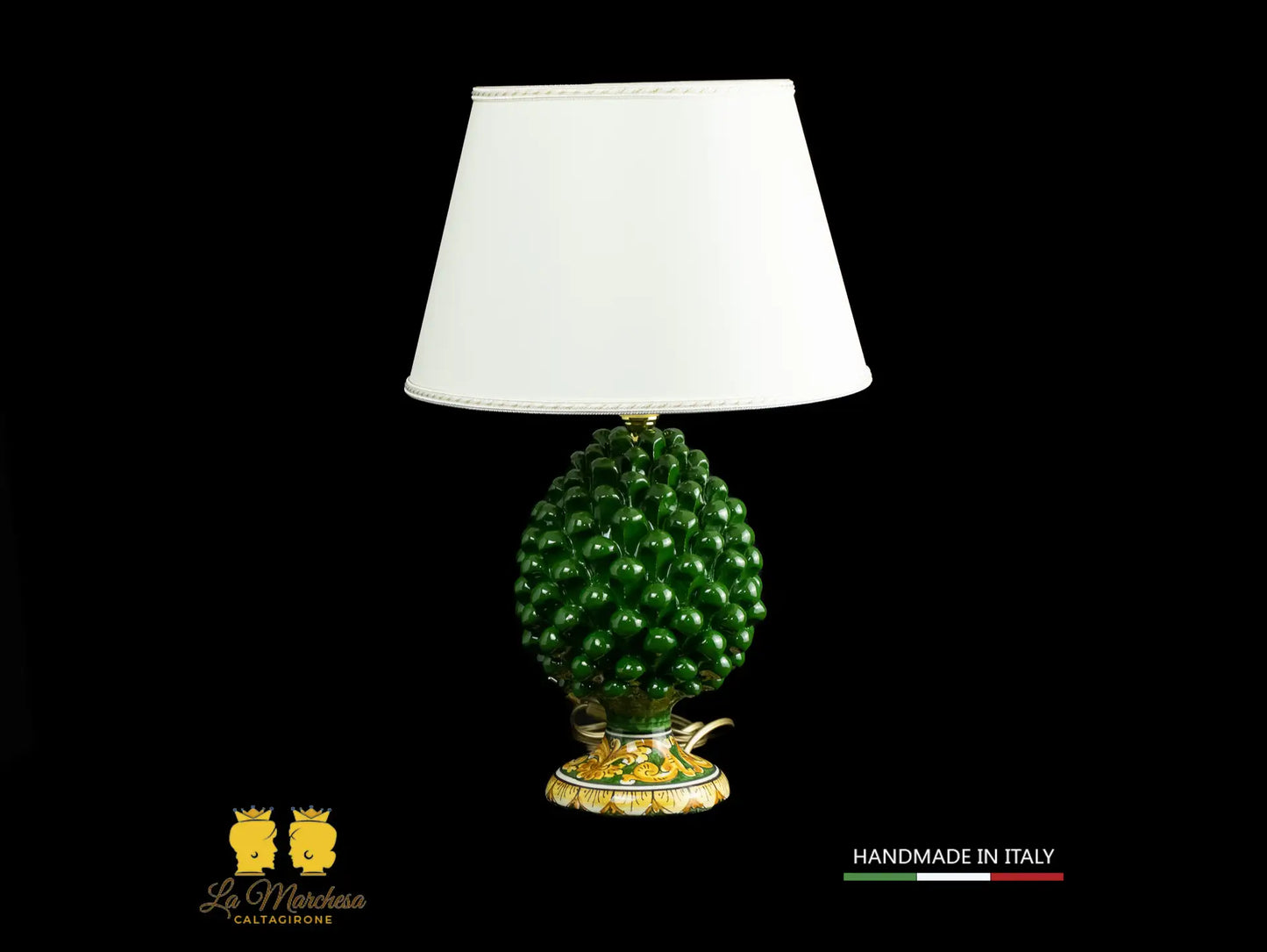Lampada Pigna Siciliana Ceramica di Caltagirone base decorata verde bosco 25cm