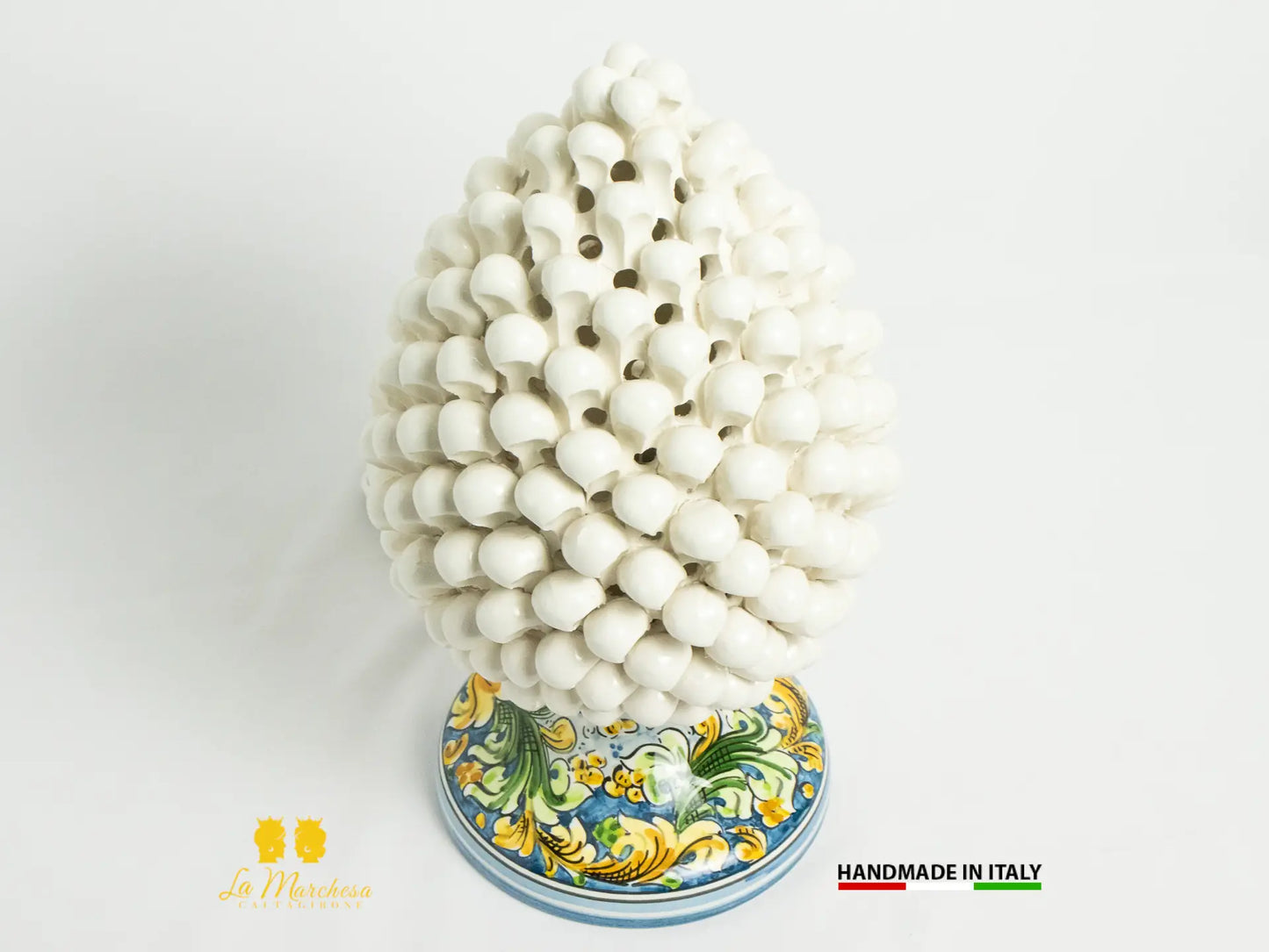 Lampada Pigna traforata Ceramica di Caltagirone bianca ornato blu 30cm