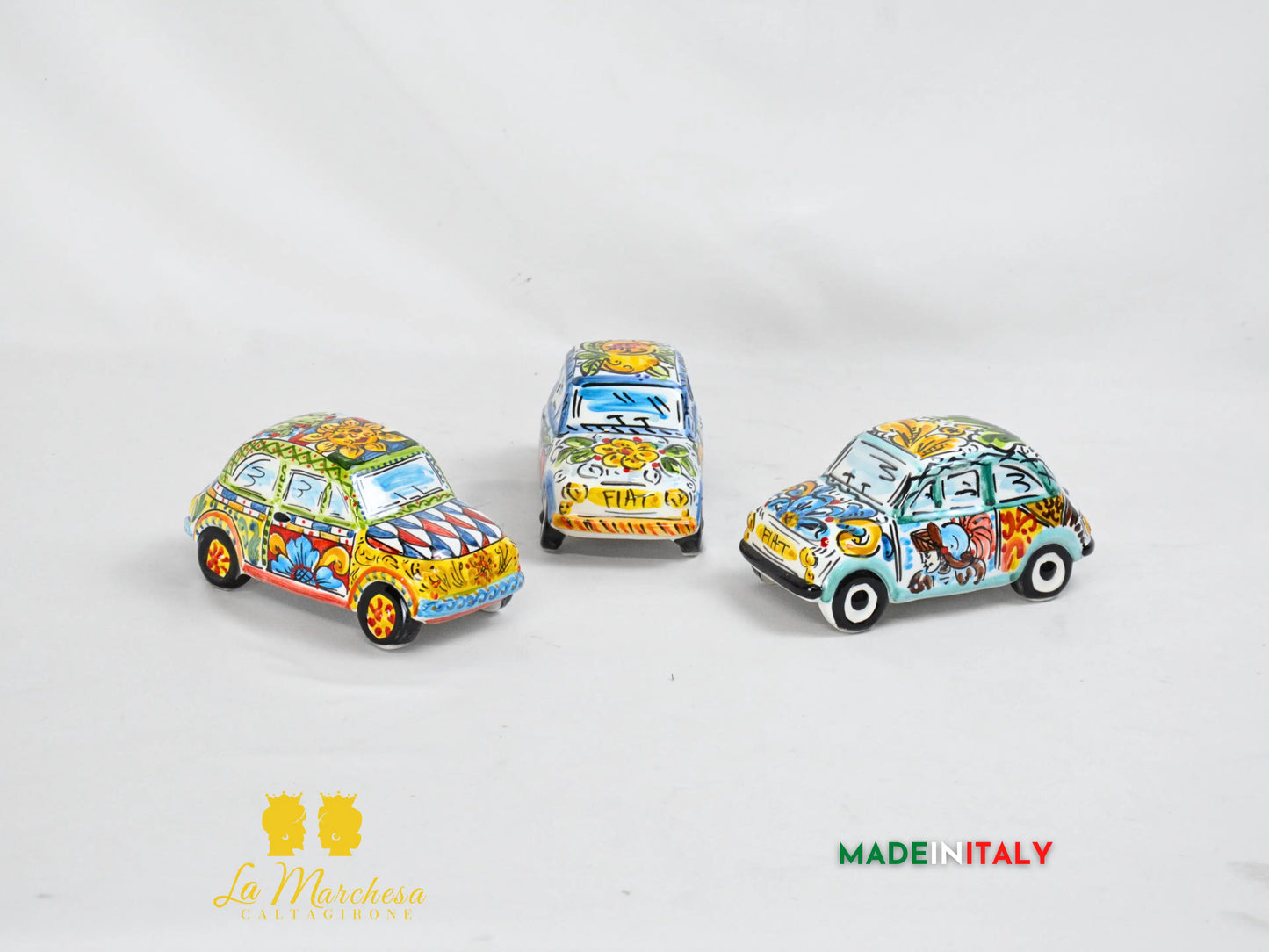 Modellino Fiat 500 Sicilia in Ceramica di Caltagirone 18cm