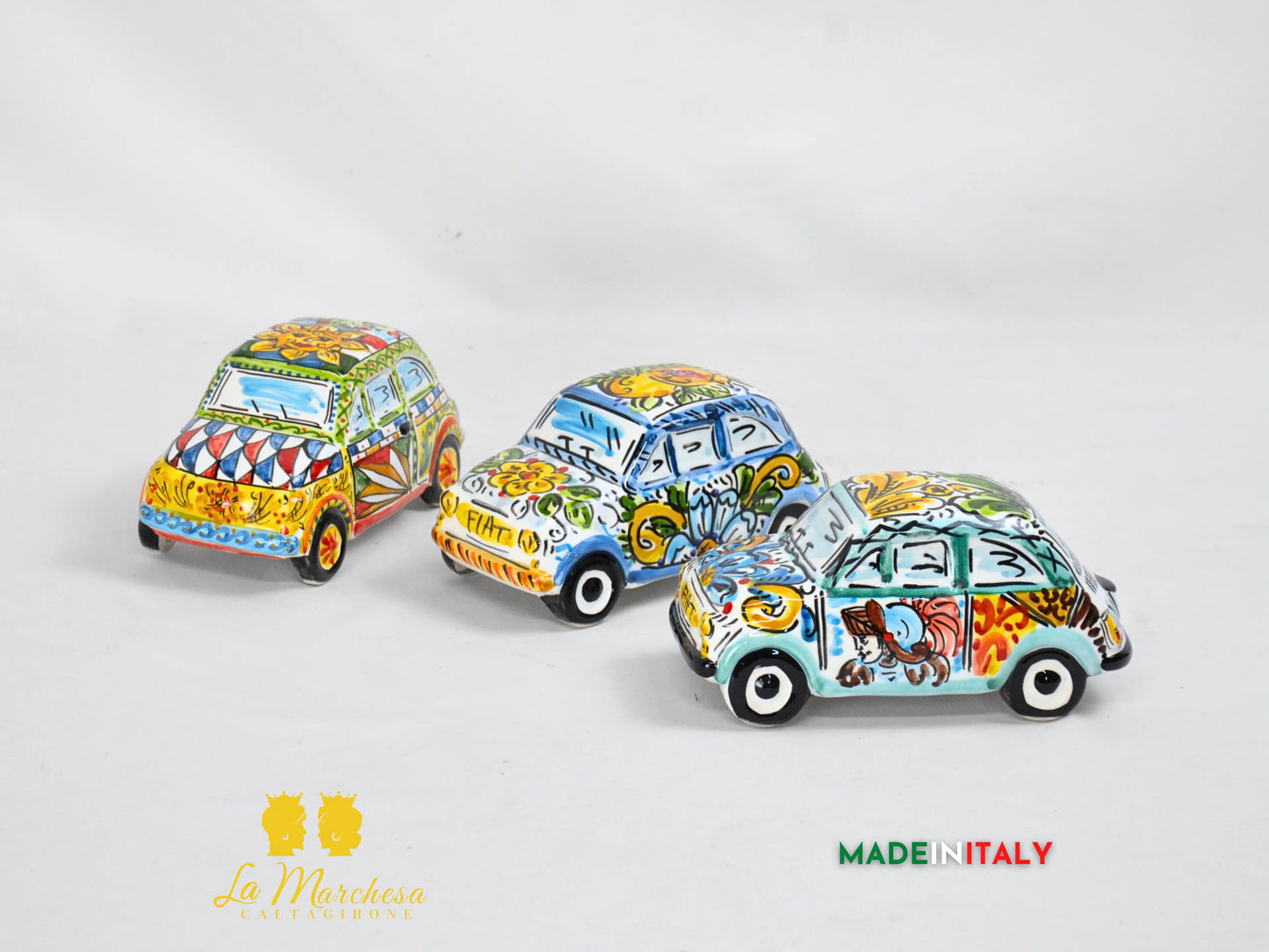 Modellino Fiat 500 Sicilia in Ceramica di Caltagirone 18cm