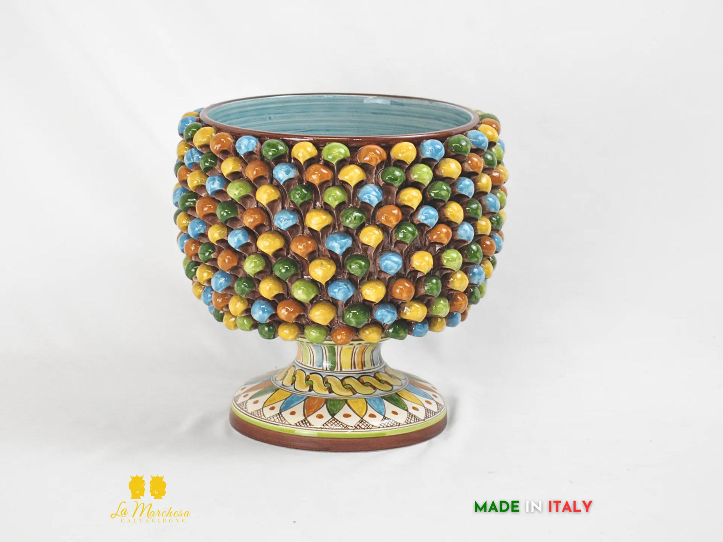 Portavaso pigna in Ceramica di Caltagirone multicolor celeste verde giallo 28cm