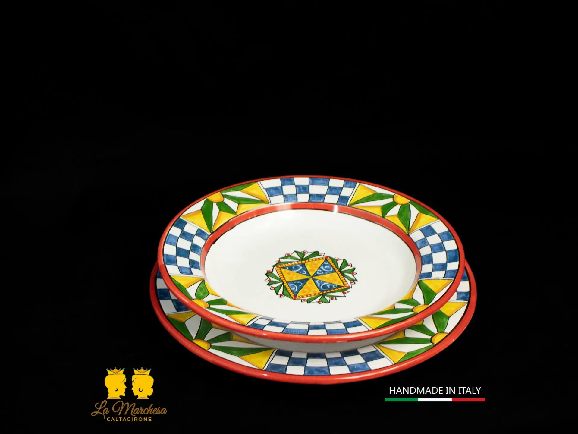 FINE SERIE - Posto tavola Set Piatti in Ceramica di Caltagirone bordo carretto