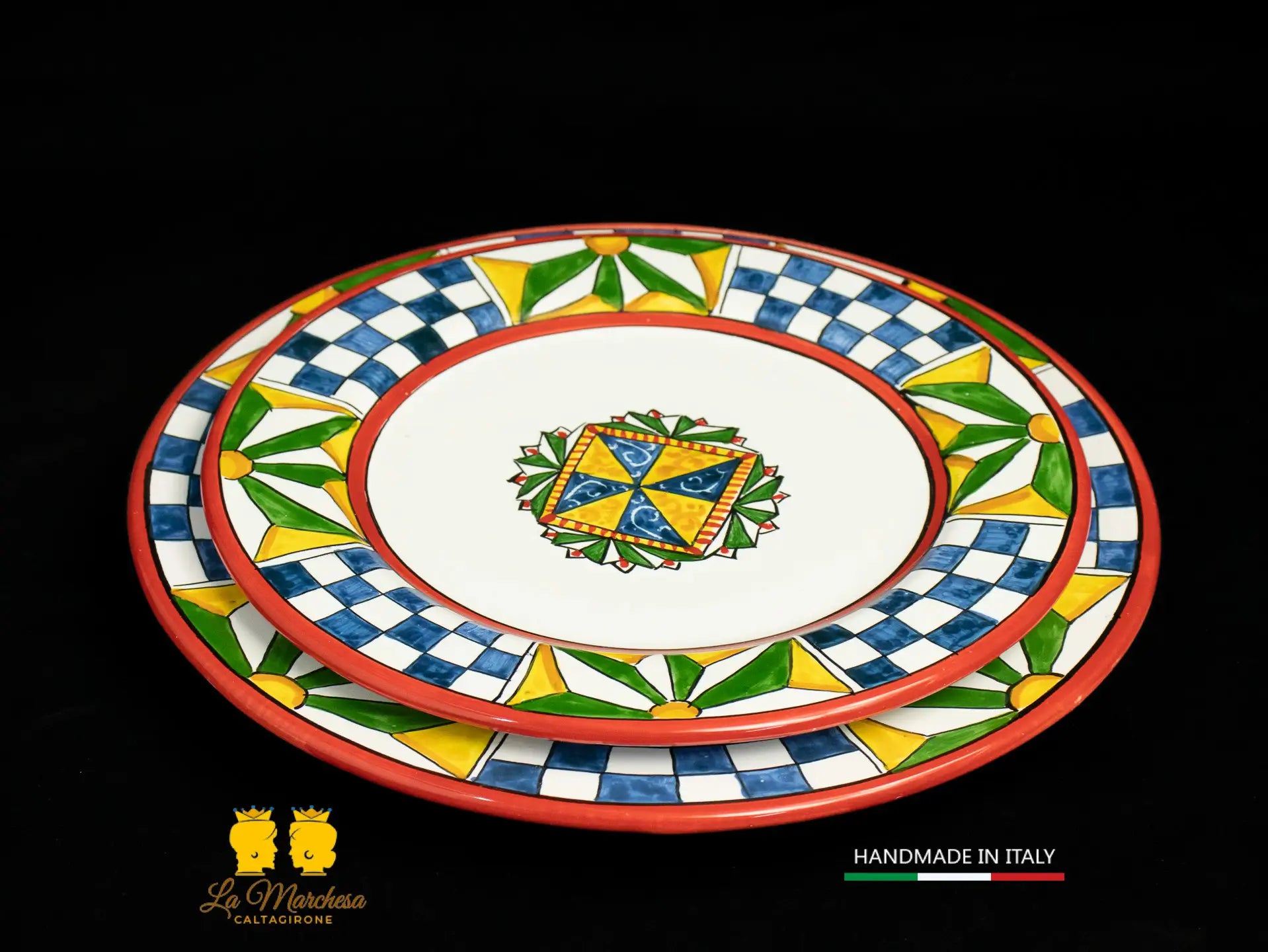 FINE SERIE - Posto tavola Set Piatti in Ceramica di Caltagirone bordo carretto