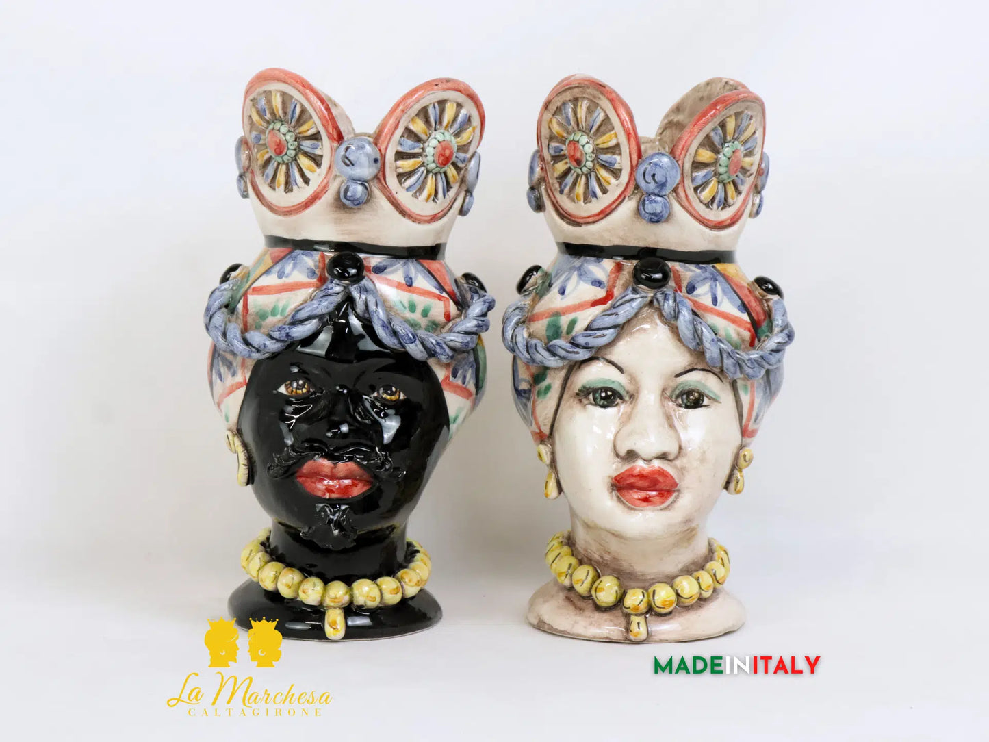 OUTLET - Coppia di Teste di Moro Ruota di Carro in Ceramica di Caltagirone 23cm