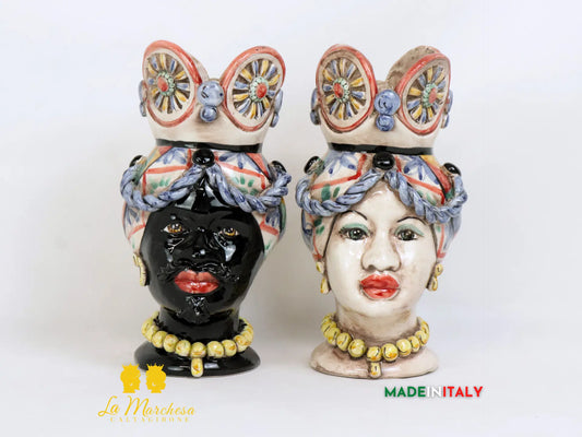 OUTLET - Coppia di Teste di Moro Ruota di Carro in Ceramica di Caltagirone 23cm