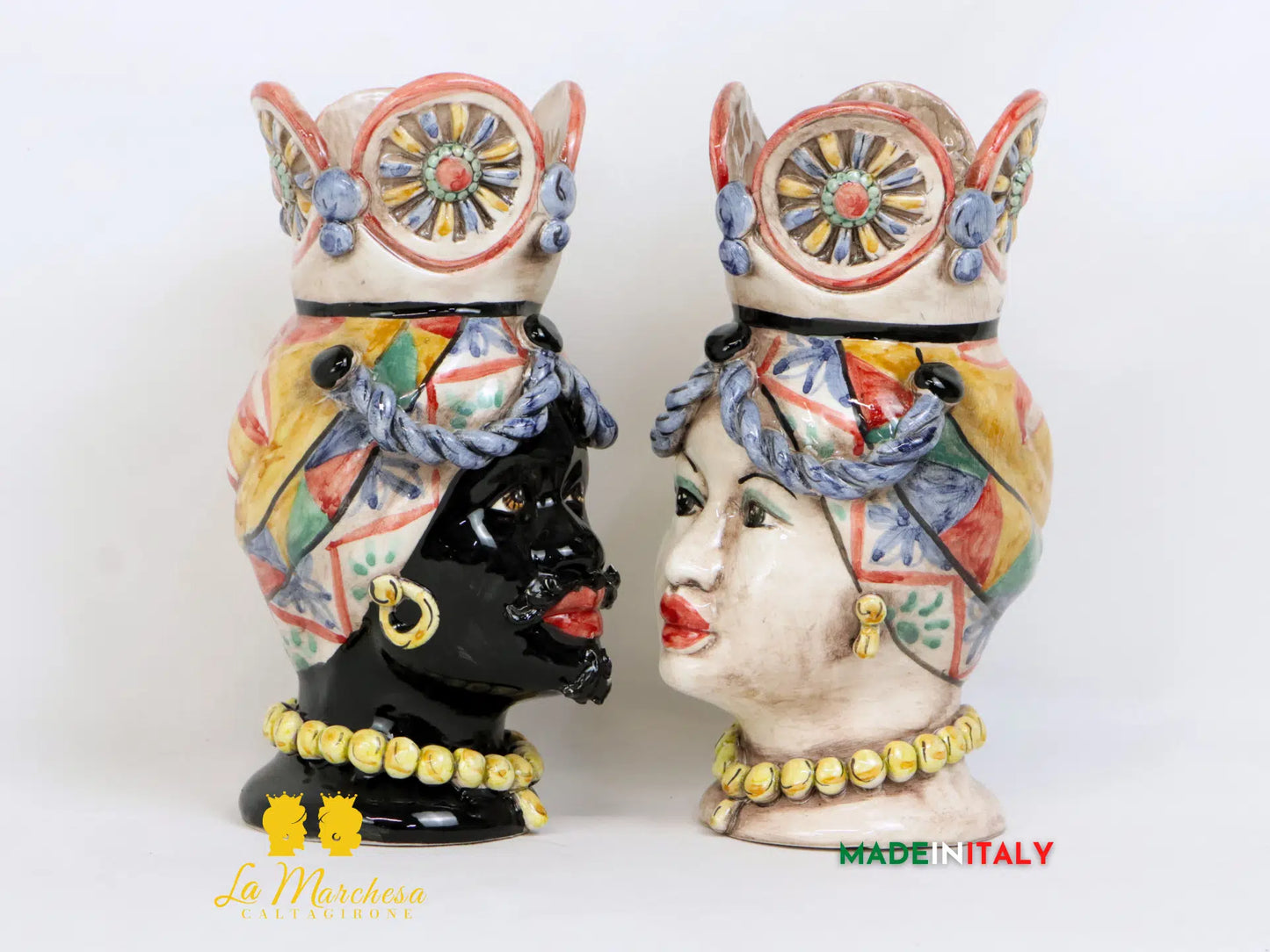 OUTLET - Coppia di Teste di Moro Ruota di Carro in Ceramica di Caltagirone 23cm