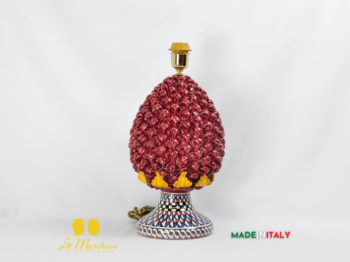 OUTLET Lampada in ceramica di Caltagirone Pigna Bordeaux foglie 38cm
