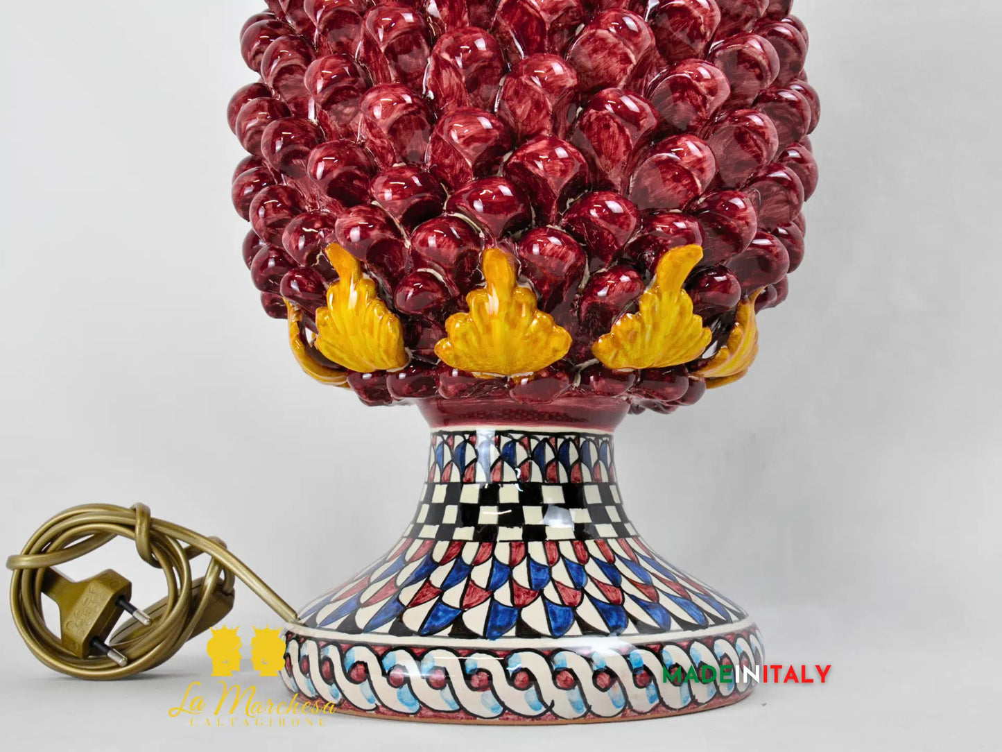 OUTLET Lampada in ceramica di Caltagirone Pigna Bordeaux foglie 38cm