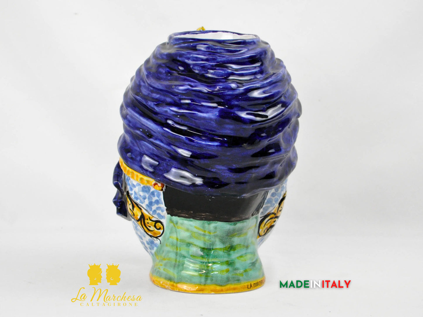 OUTLET - Testa di Moro Maschile in Ceramica di Caltagirone con Turbante Blu e Dettagli Oro – H27 cm
