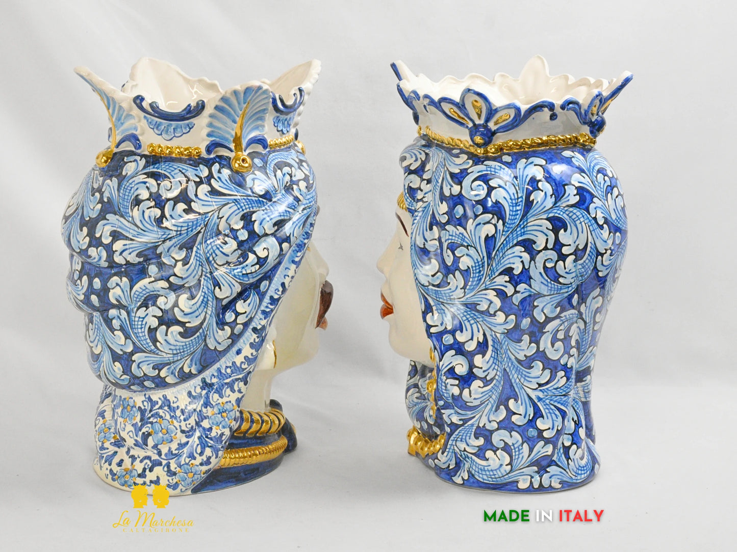 OUTLET - Teste di Moro in Ceramica di Caltagirone Afro Blu Antico Oro 37cm