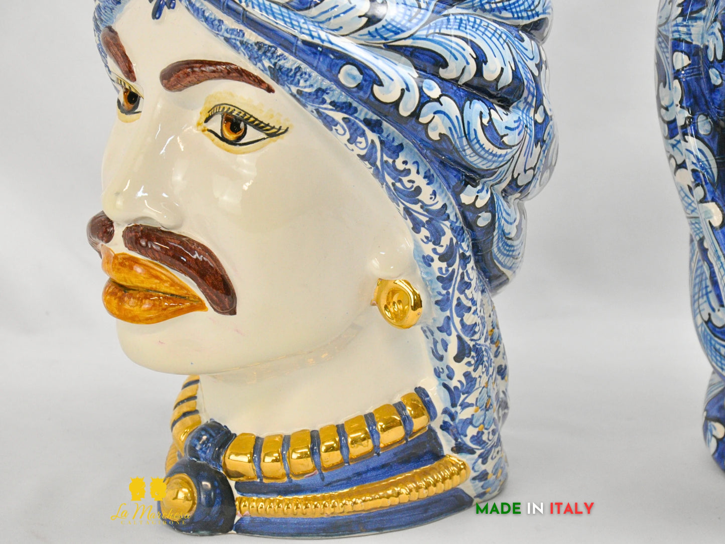 OUTLET - Teste di Moro in Ceramica di Caltagirone Afro Blu Antico Oro 37cm
