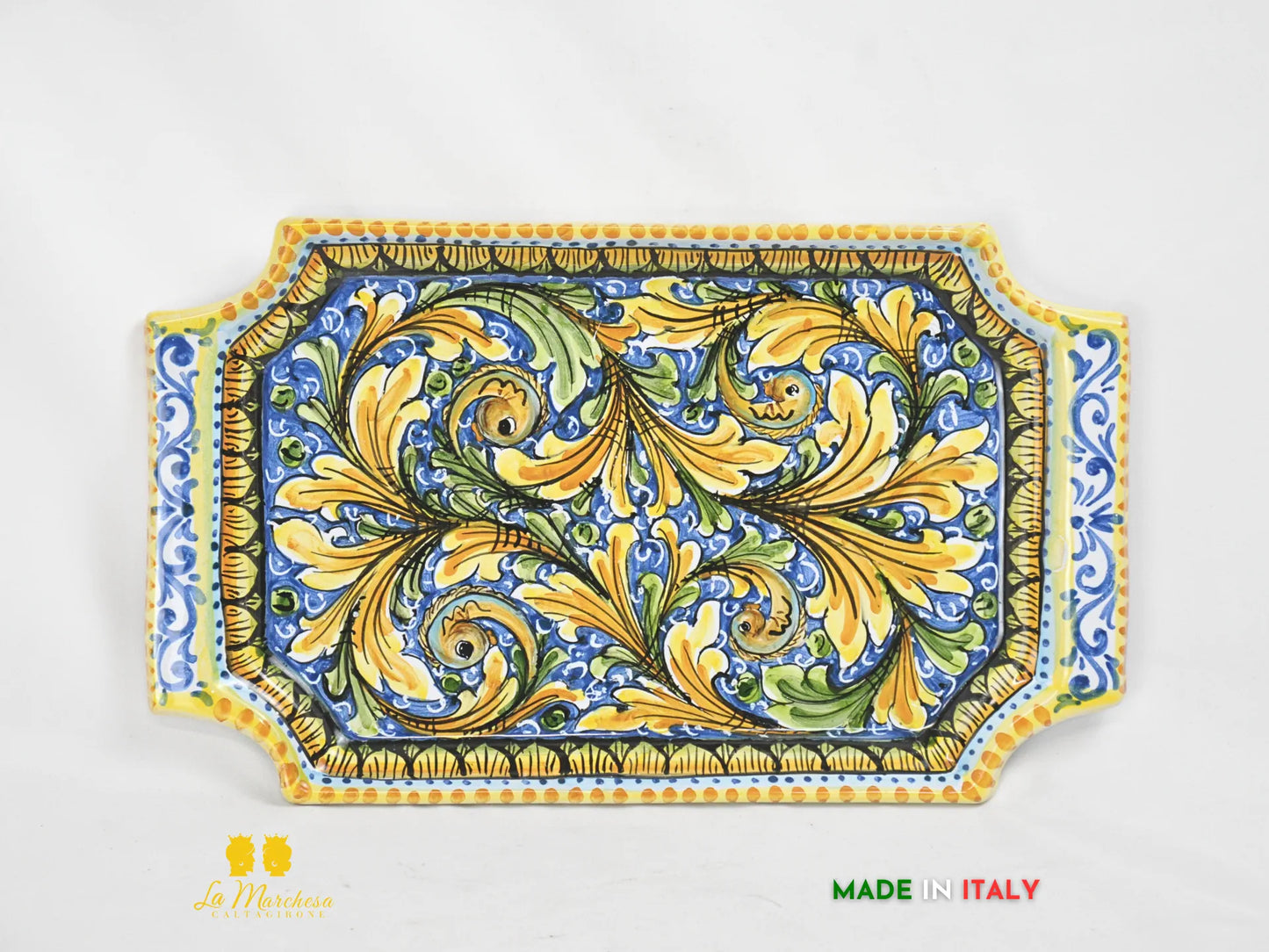OUTLET - Vassoio in ceramica di Caltagirone ornato blu antico