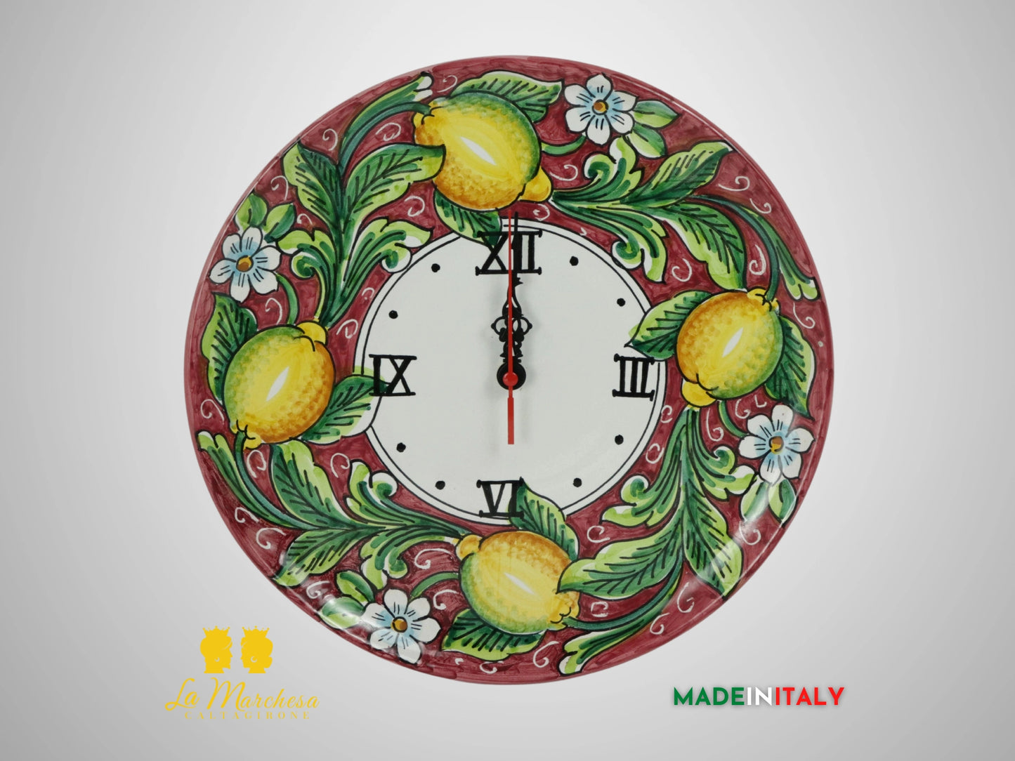 Orologio Decoro Limoni in Ceramica di Caltagirone 30cm - Bordeaux