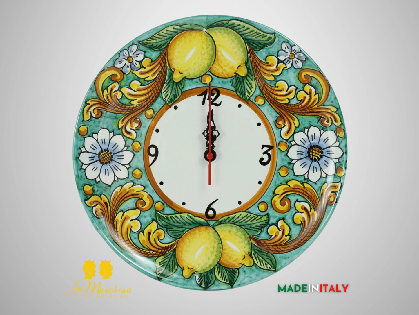 Orologio Decoro Limoni in Ceramica di Caltagirone 30cm - Verde Rame