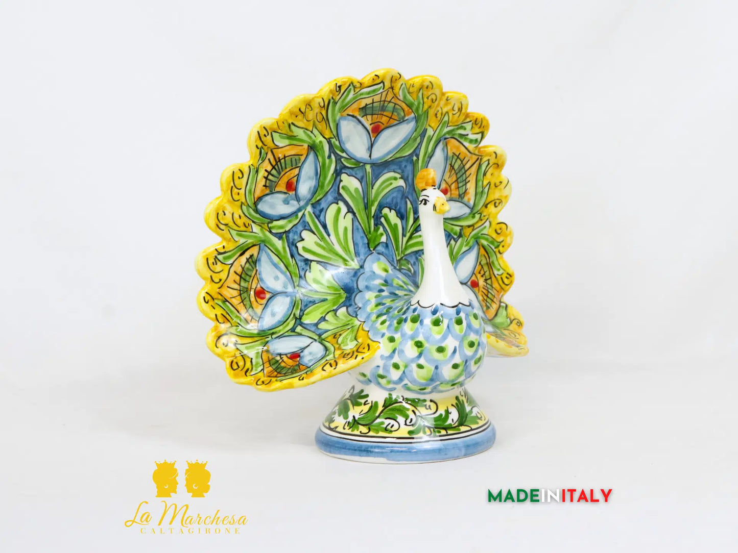 Pavone in Ceramica di Caltagirone ornato fiori 22cm- Vari Modelli