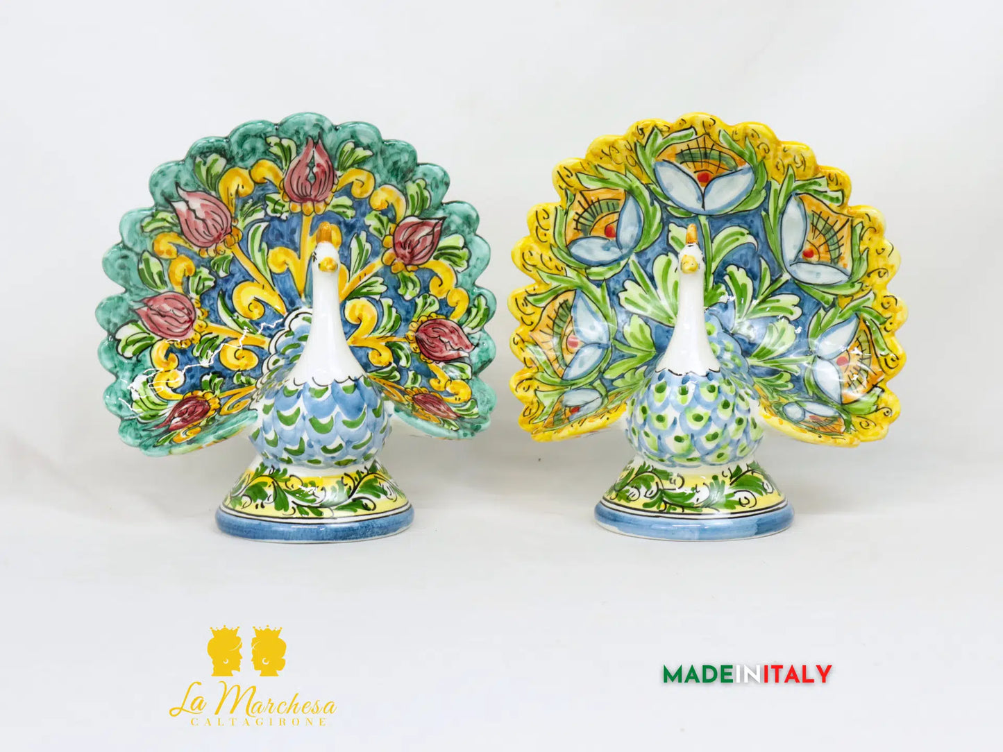 Pavone in Ceramica di Caltagirone ornato fiori 22cm- Vari Modelli