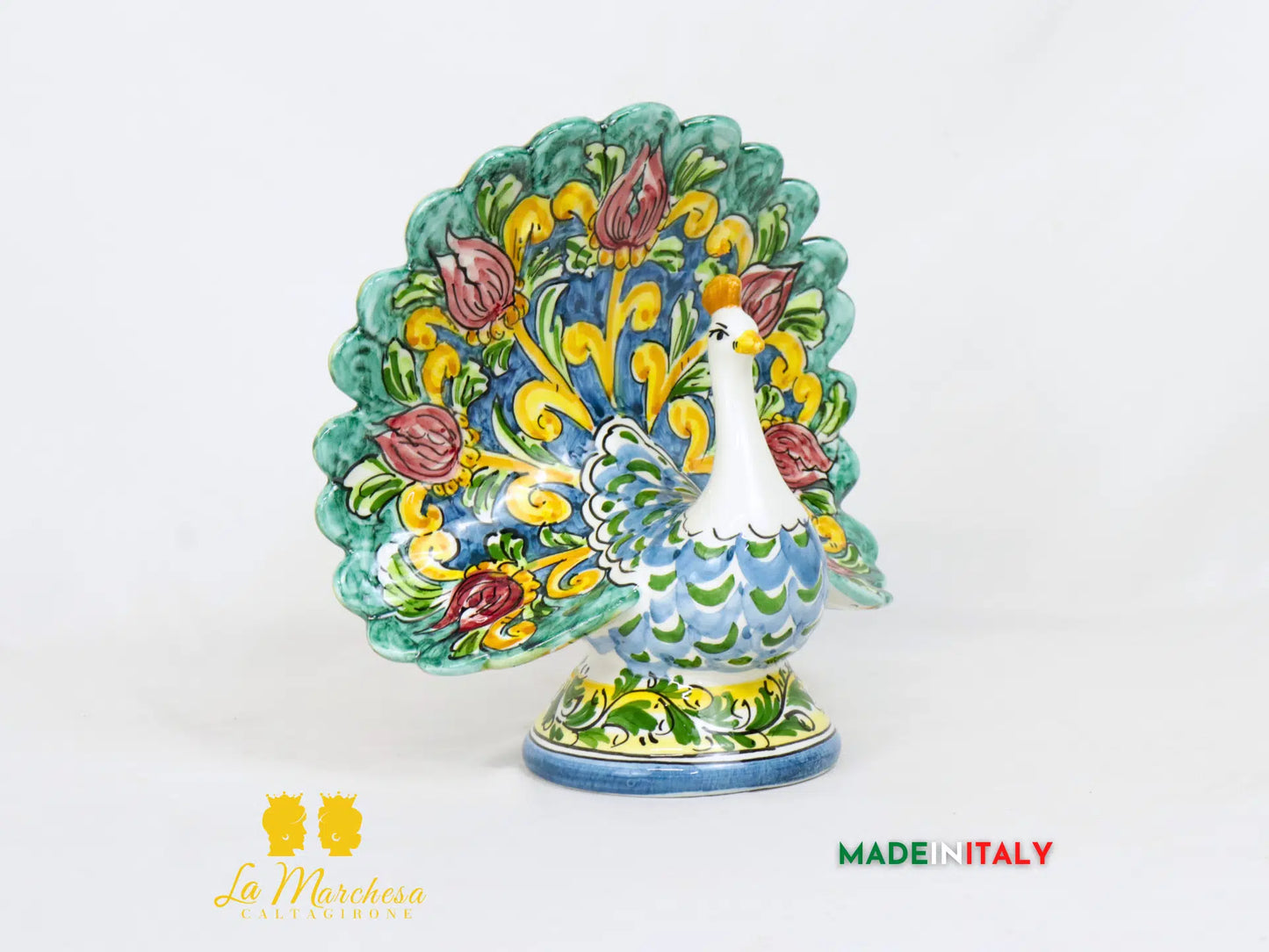 Pavone in Ceramica di Caltagirone ornato fiori 22cm- Vari Modelli