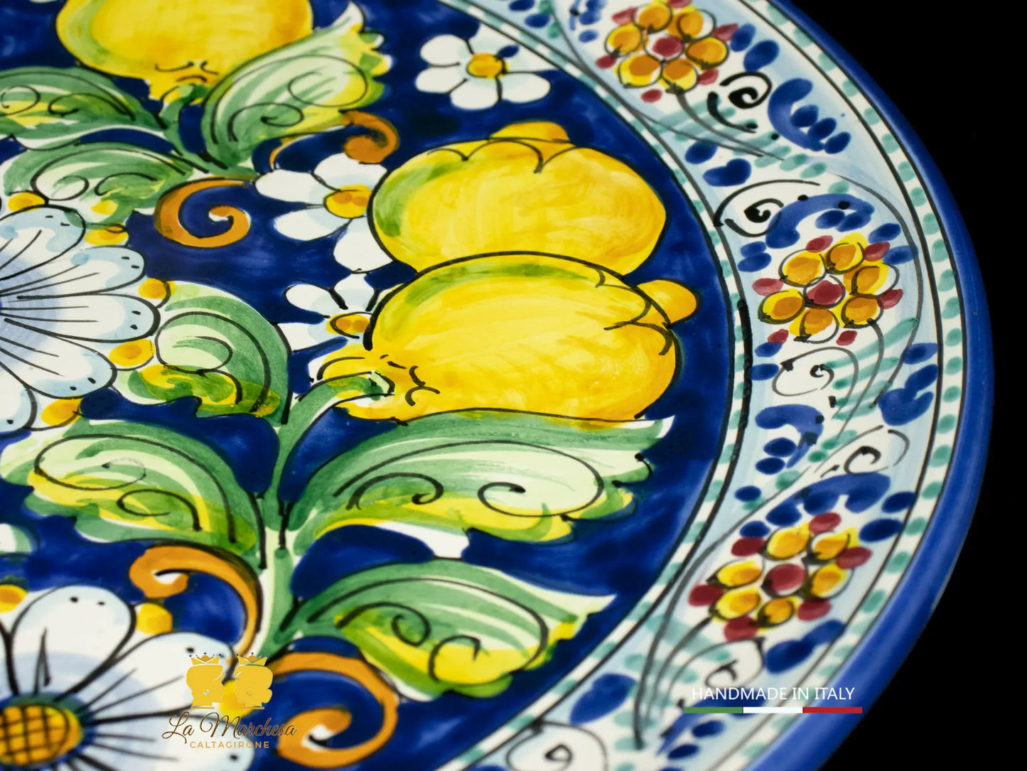 Piatto in Ceramica di Caltagirone blu cobalto limoni 37cm