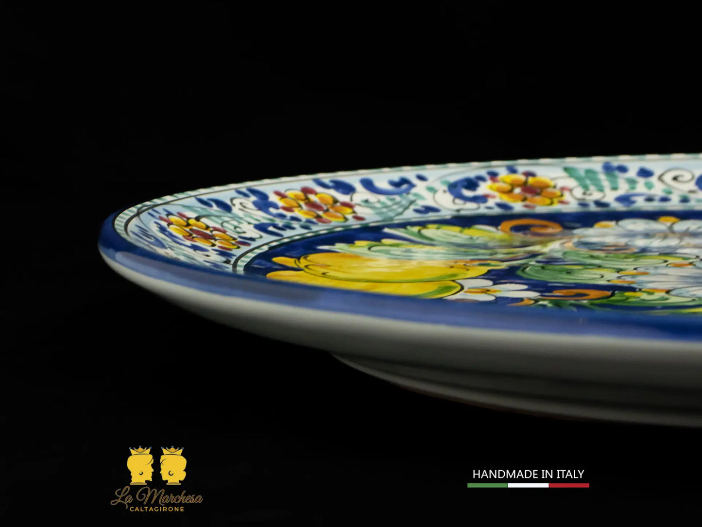Piatto in Ceramica di Caltagirone blu cobalto limoni 37cm