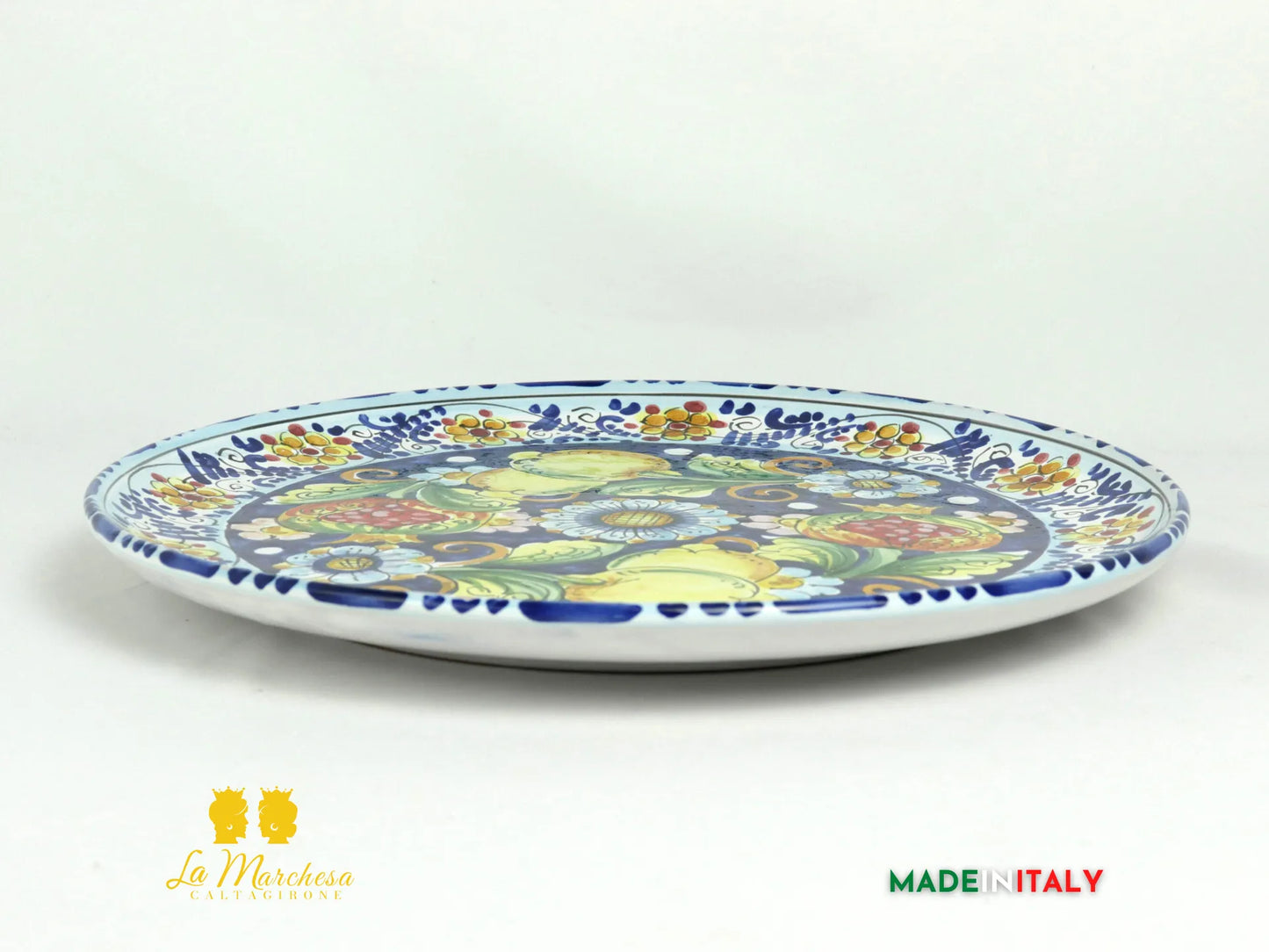Piatto in Ceramica di Caltagirone blu cobalto limoni melograni 37cm