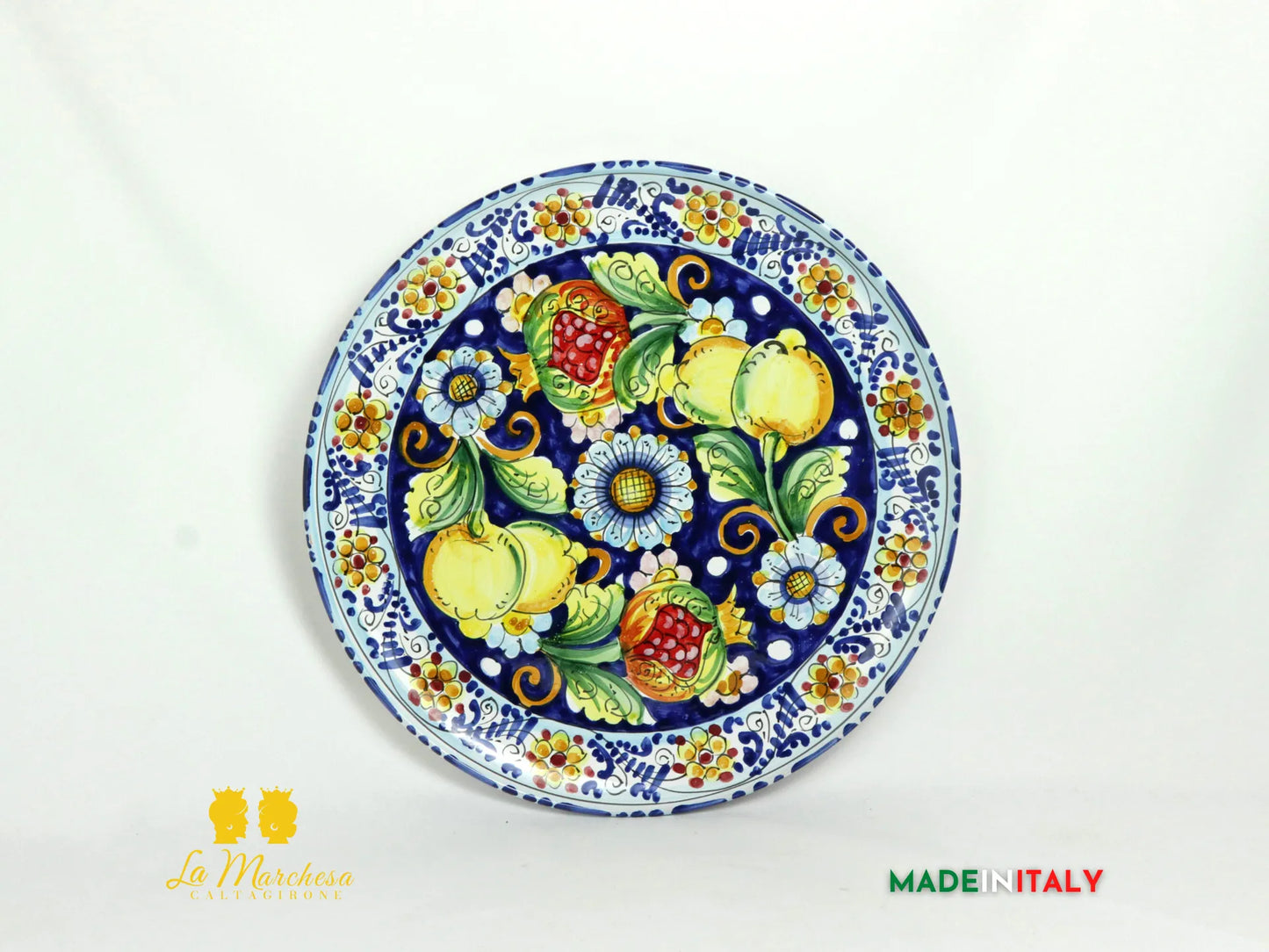 Piatto in Ceramica di Caltagirone blu cobalto limoni melograni 37cm