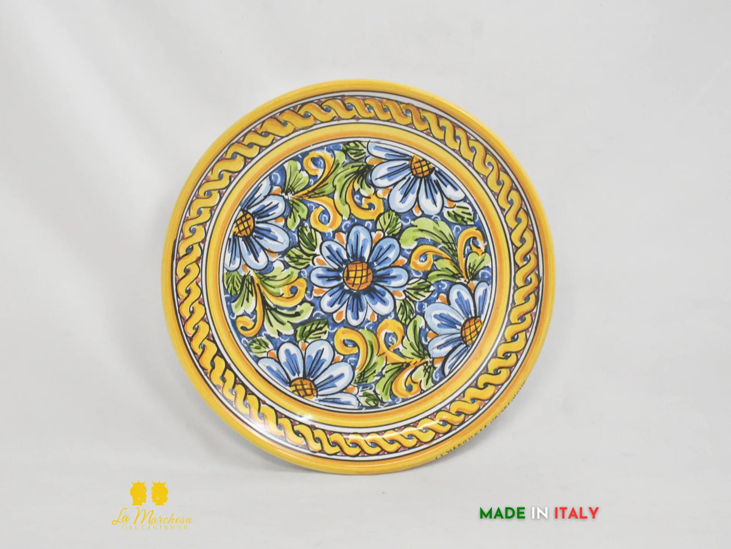 Piatto in Ceramica di Caltagirone rotondo treccia gialla ornato fiori 25cm