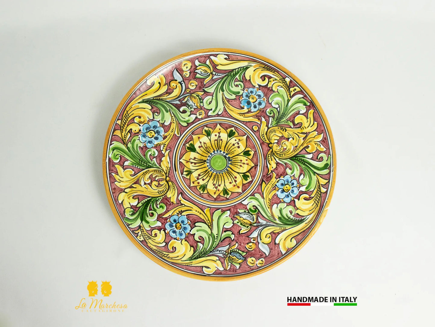 Piatti in Ceramica di Caltagirone rotondo ornato fiore 31cm - Vari colori