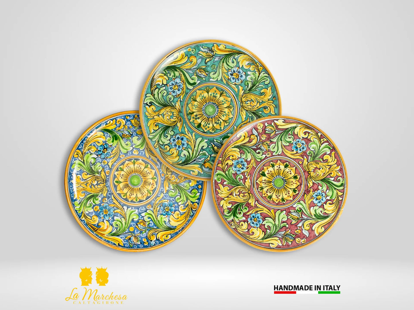 Piatti in Ceramica di Caltagirone rotondo ornato fiore 32cm - Vari colori